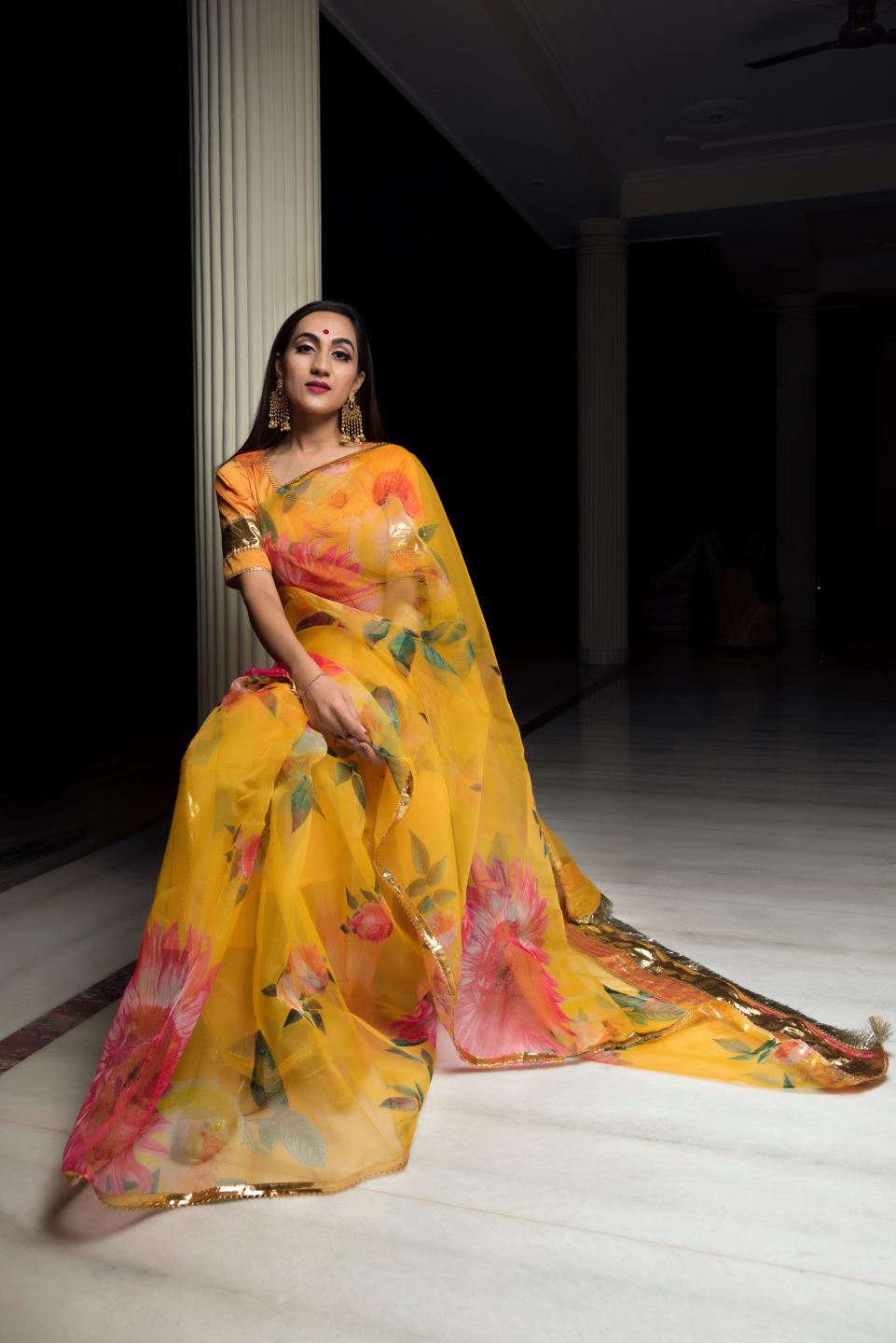 organza-silk-yellow-saree-11422085YL, Women Indian Ethnic Clothing, Organza Saree