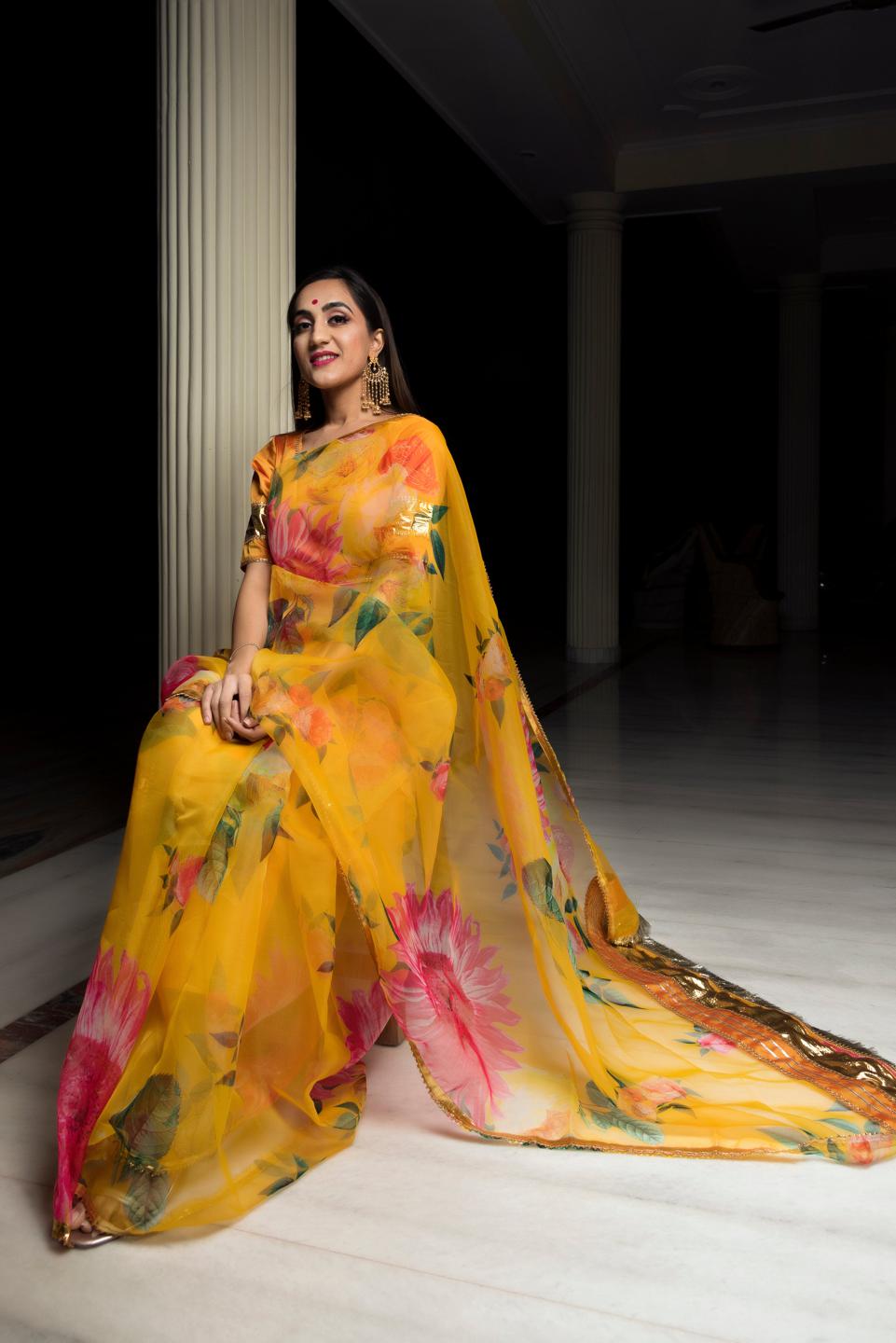 organza-silk-yellow-saree-11422085YL, Women Indian Ethnic Clothing, Organza Saree