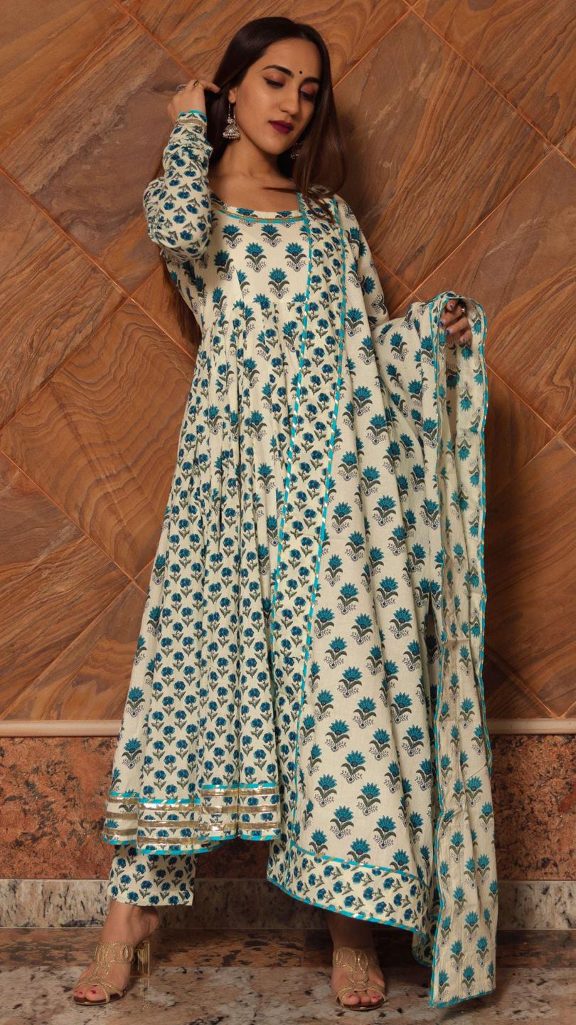 paisely-cotton-kalidar-anarkali-set-11403126CR, Women Indian Ethnic Clothing, Cotton Kurta Set Dupatta