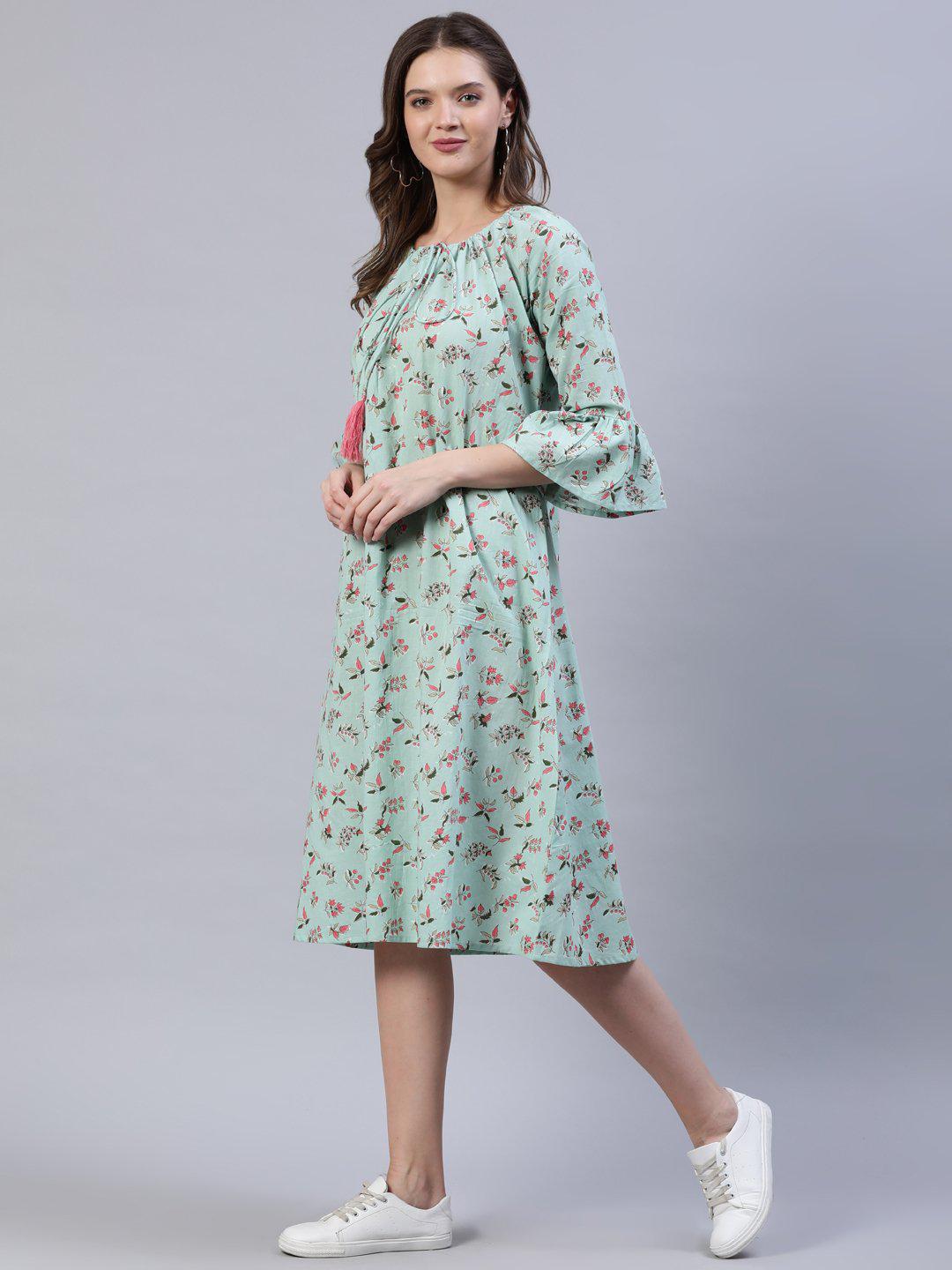 pastel-green-printed-dress-10804002GR, Women Clothing, Cotton Dress