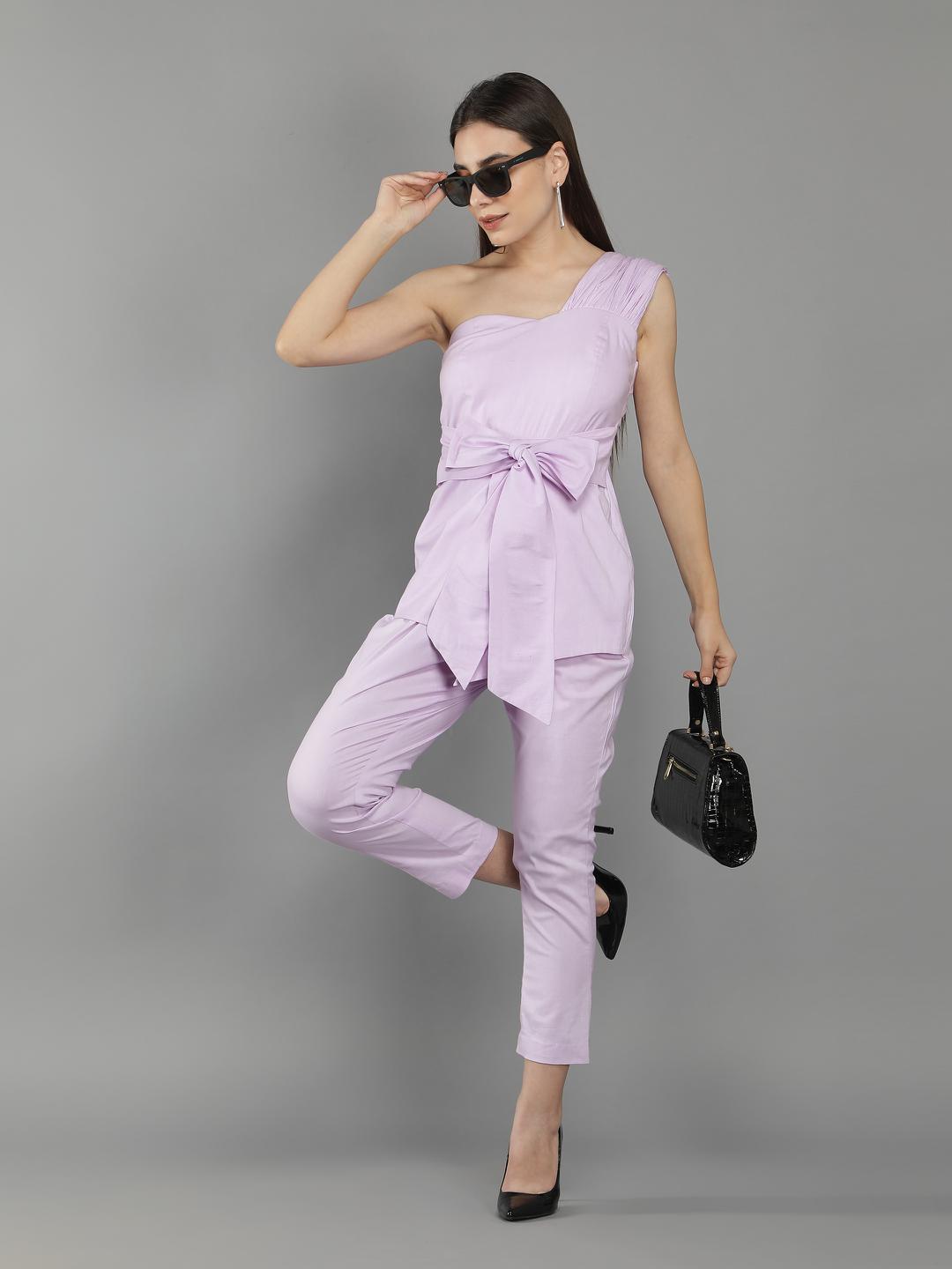 pastel-lilac-onne-shoulder-waist-tie-up-jumpsuit-11724084PR, Women Clothing, Cotton Jumpsuit