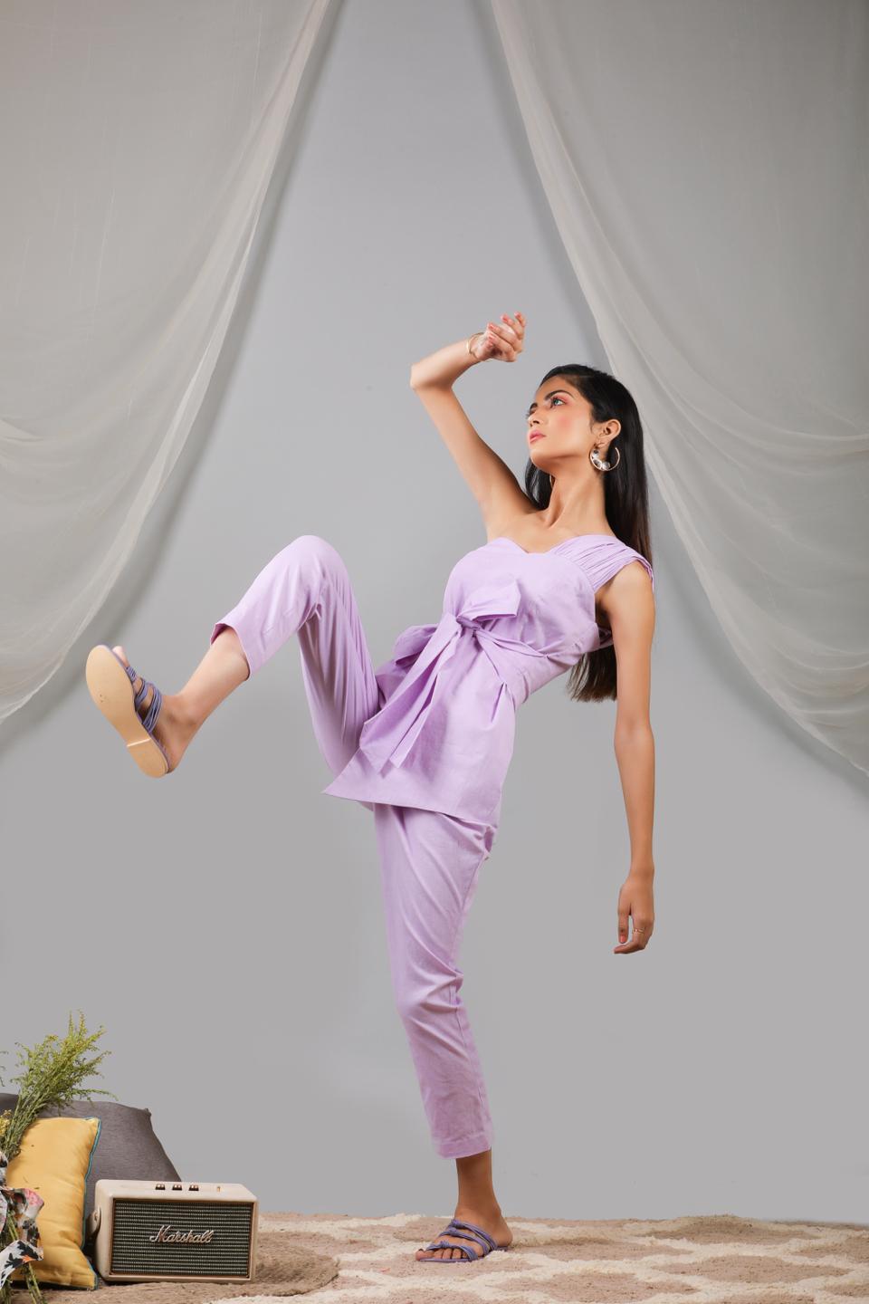 pastel-lilac-onne-shoulder-waist-tie-up-jumpsuit-11724084PR, Women Clothing, Cotton Jumpsuit