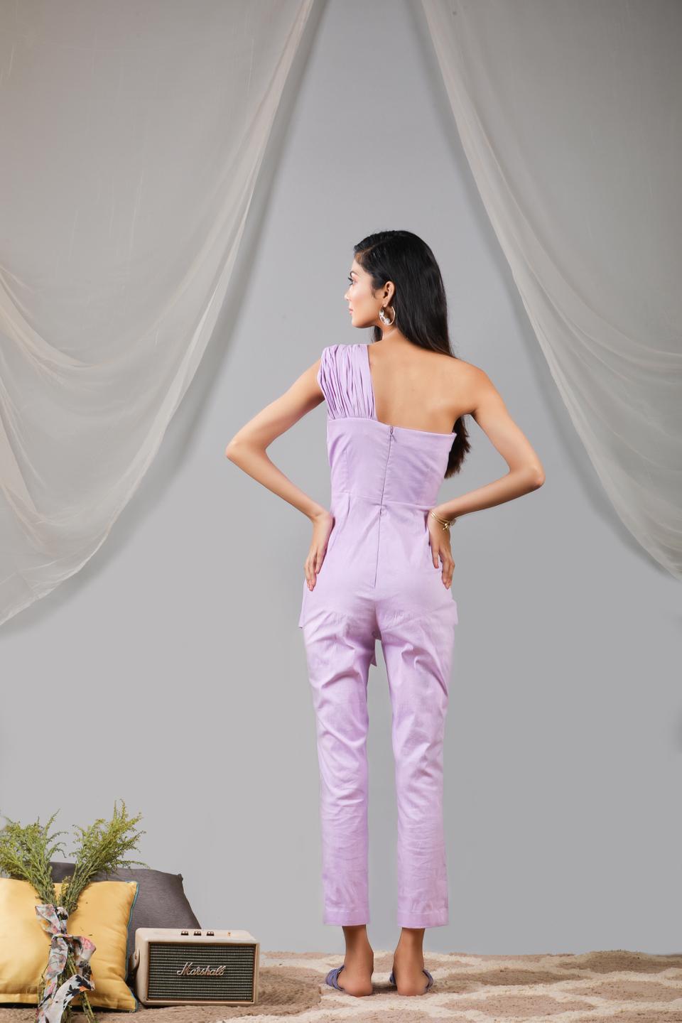 pastel-lilac-onne-shoulder-waist-tie-up-jumpsuit-11724084PR, Women Clothing, Cotton Jumpsuit