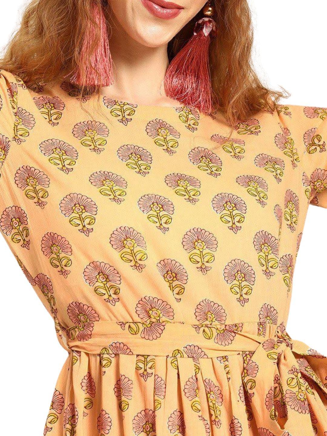 peach-colored-printed-fit-and-flare-dress-10804001PC, Women Clothing, Cotton Dress