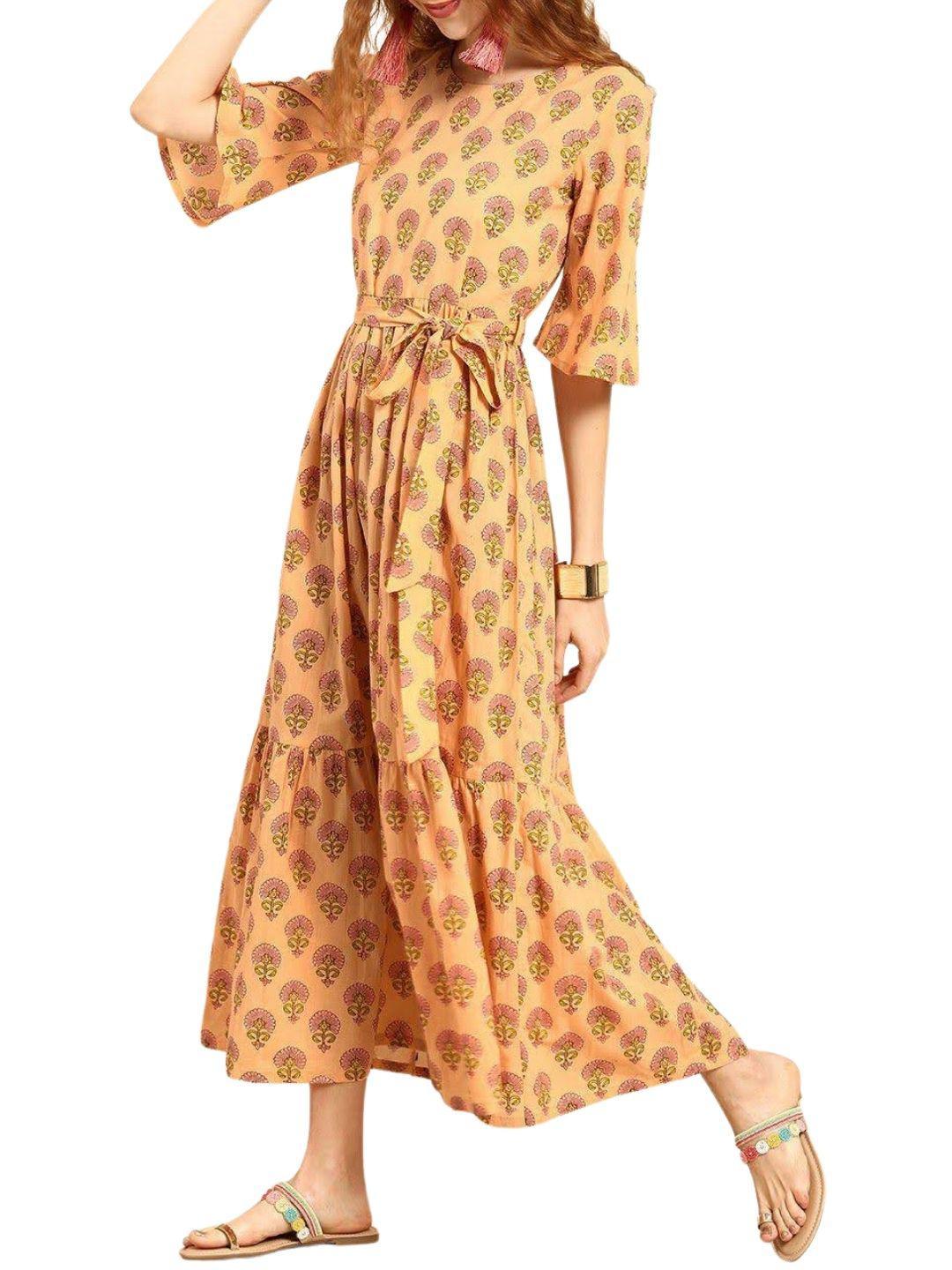 peach-colored-printed-fit-and-flare-dress-10804001PC, Women Clothing, Cotton Dress