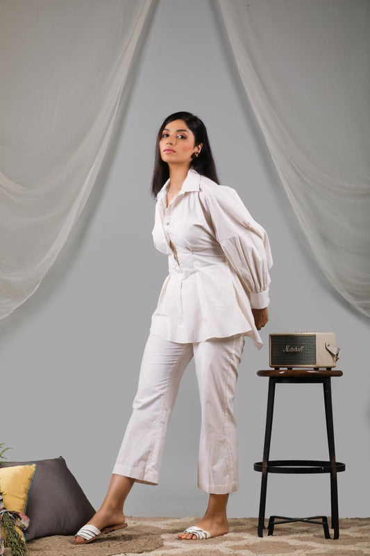 pearled-ivory-back-tie-up-shirt-with-pant-set-11740073WH, Women Clothing, Cotton Matching Set