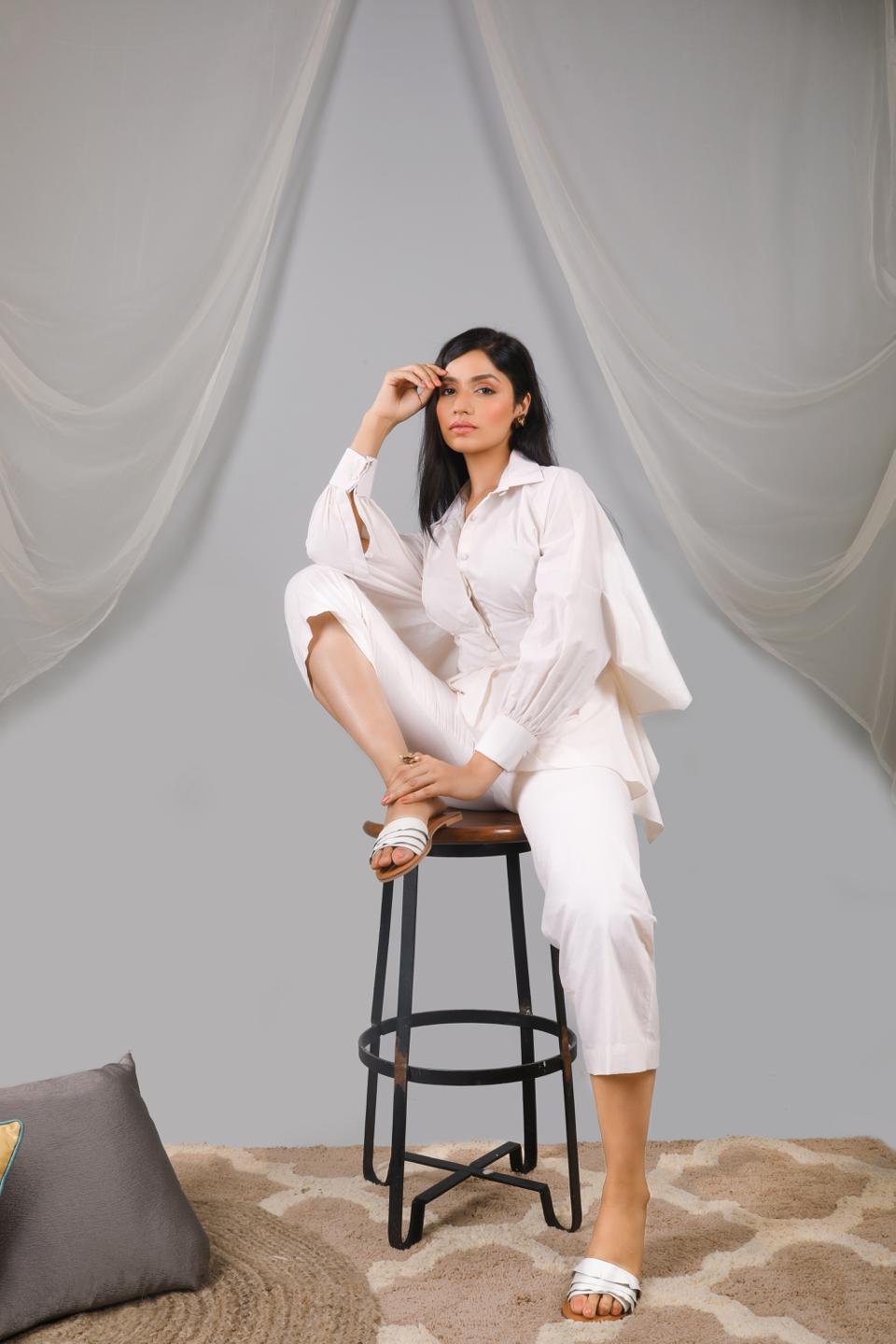 pearled-ivory-back-tie-up-shirt-with-pant-set-11740073WH, Women Clothing, Cotton Matching Set