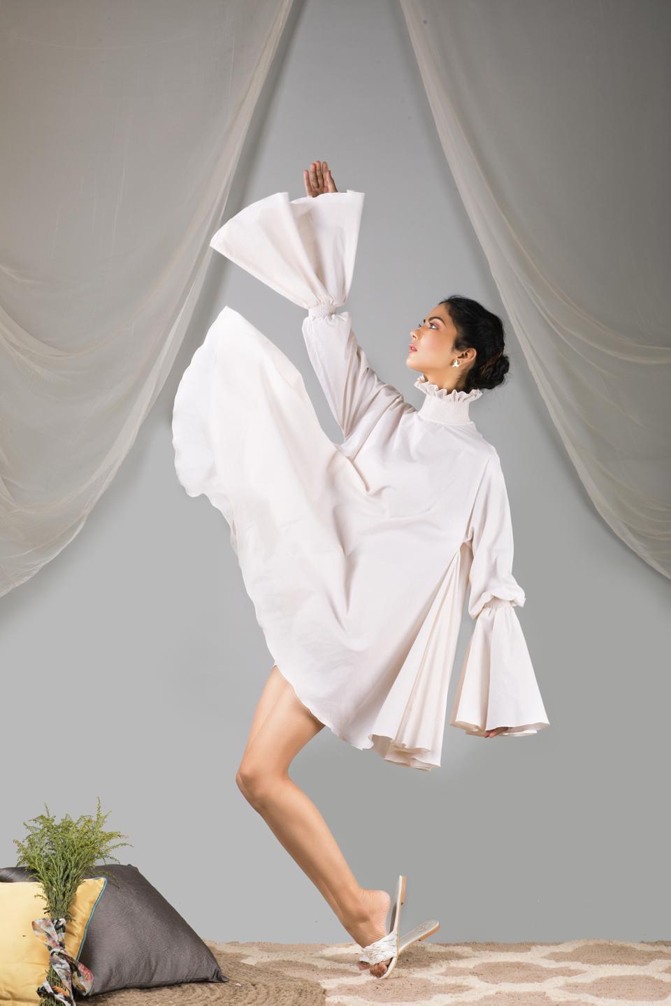 pearled-ivory-smoked-neck-short-dress-11704078WH, Women Clothing, Cotton Dress