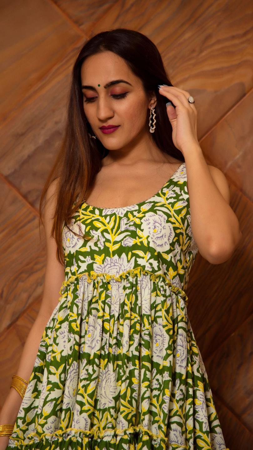 peela-phool-cotton-tiered-anarkali-set-11403128YL, Women Indian Ethnic Clothing, Cotton Kurta Set Dupatta