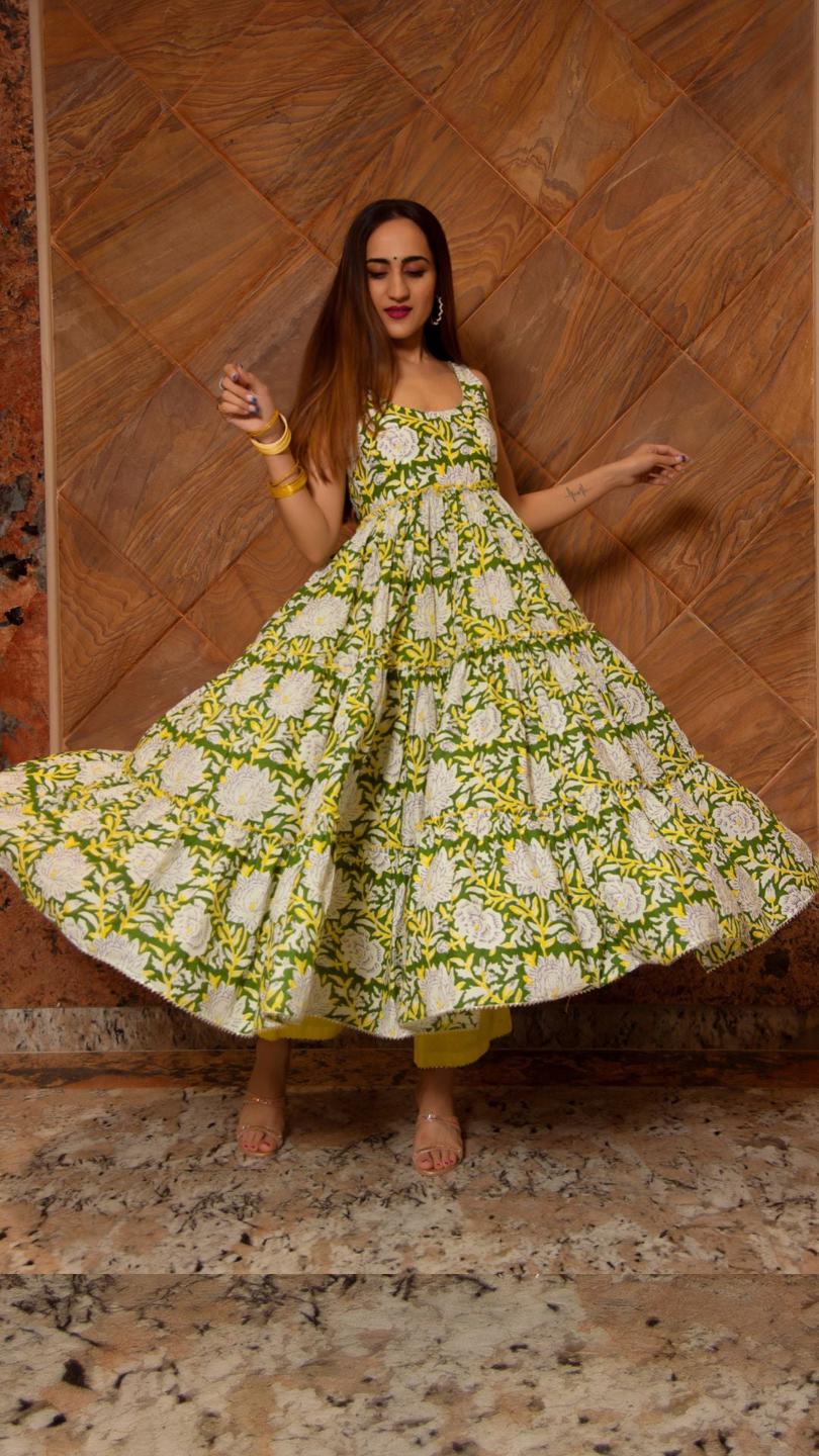 peela-phool-cotton-tiered-anarkali-set-11403128YL, Women Indian Ethnic Clothing, Cotton Kurta Set Dupatta