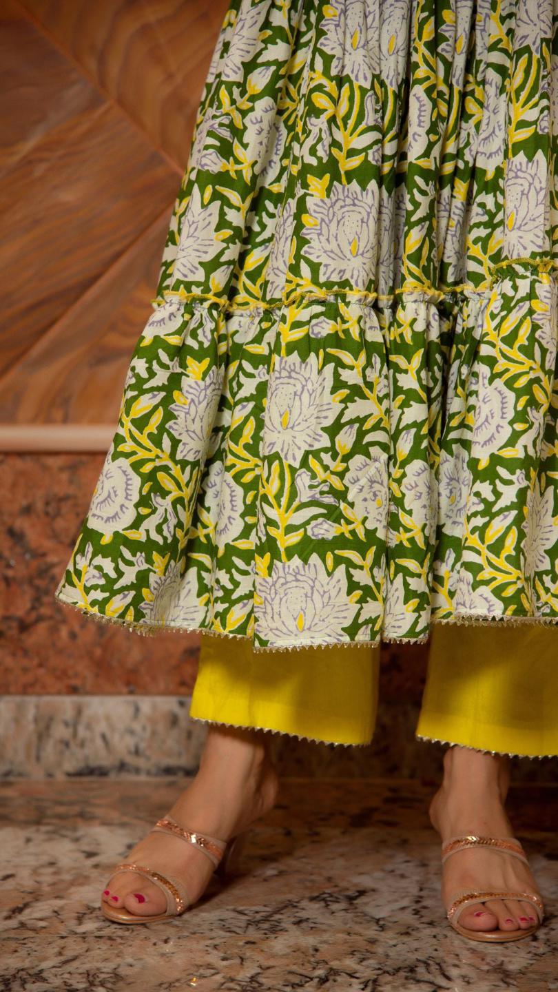 peela-phool-cotton-tiered-anarkali-set-11403128YL, Women Indian Ethnic Clothing, Cotton Kurta Set Dupatta