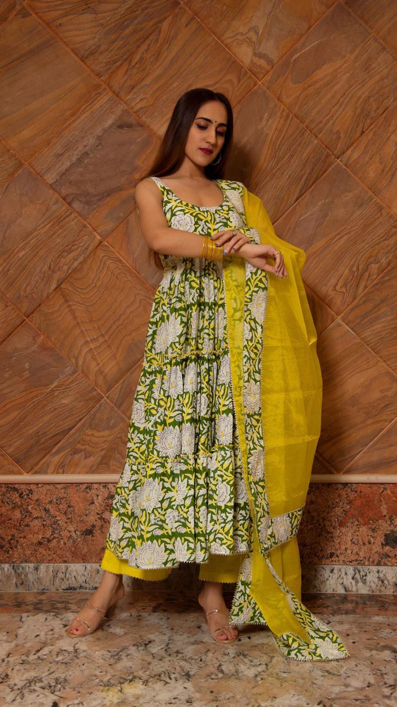 peela-phool-cotton-tiered-anarkali-set-11403128YL, Women Indian Ethnic Clothing, Cotton Kurta Set Dupatta