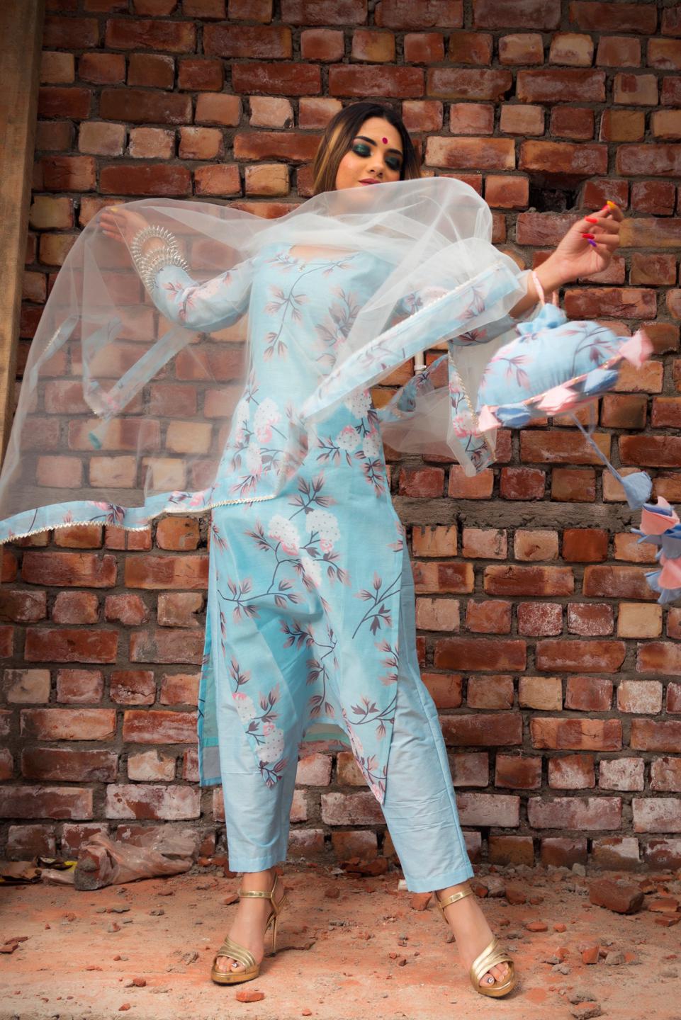 peony-blue-modal-cotton-suit-set-11403095BL, Women Indian Ethnic Clothing, Cotton Kurta Set Dupatta