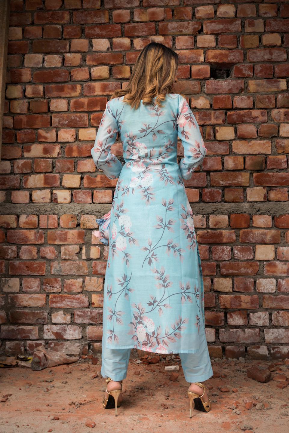 peony-blue-modal-cotton-suit-set-11403095BL, Women Indian Ethnic Clothing, Cotton Kurta Set Dupatta