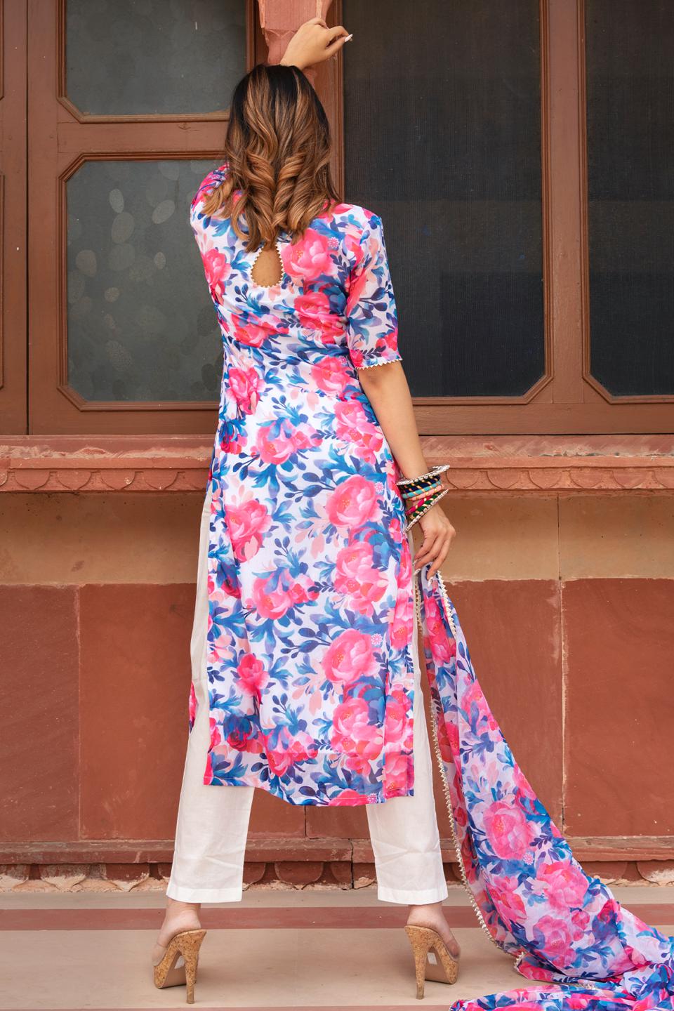 phulwari-chiffon-suit-set-11403100WH, Women Indian Ethnic Clothing, Chiffon Kurta Set Dupatta