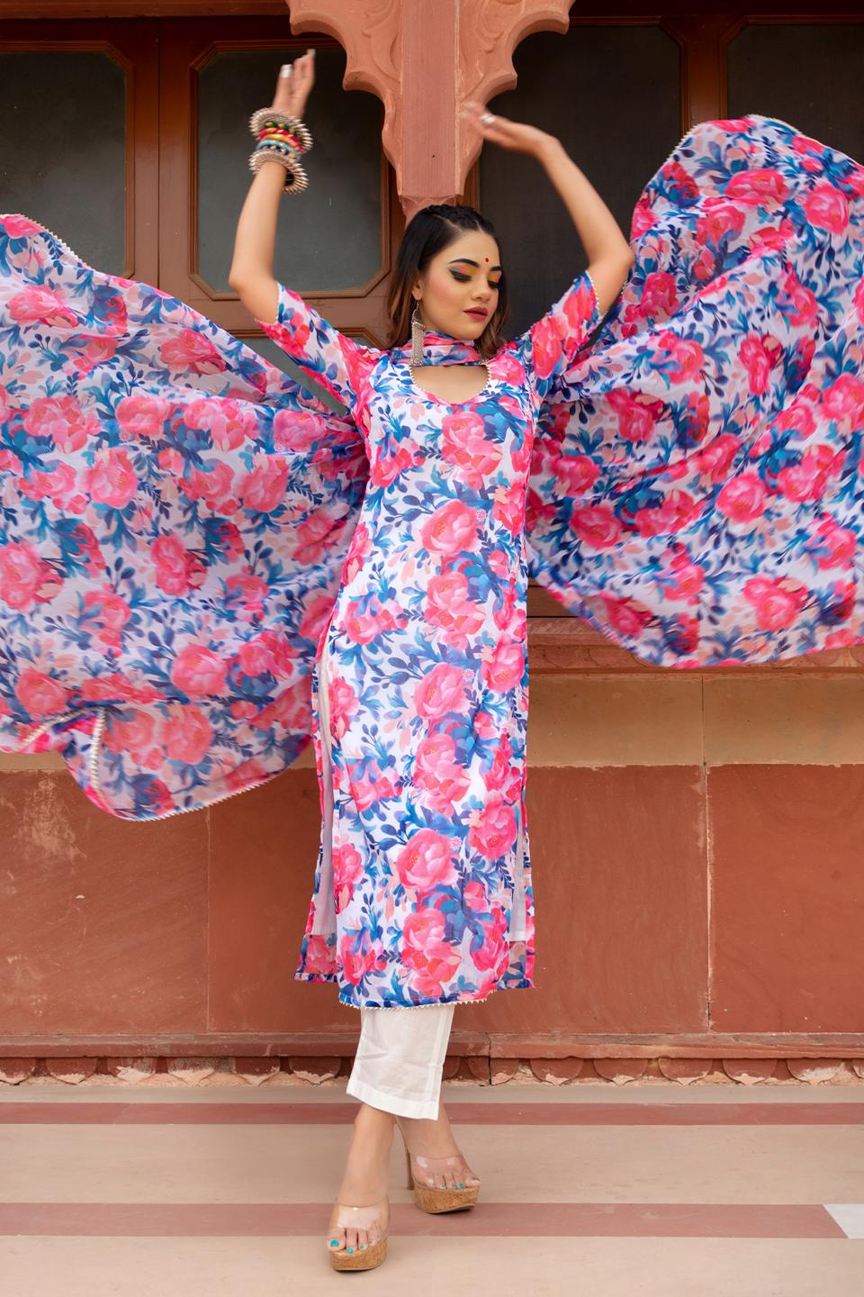 phulwari-chiffon-suit-set-11403100WH, Women Indian Ethnic Clothing, Chiffon Kurta Set Dupatta