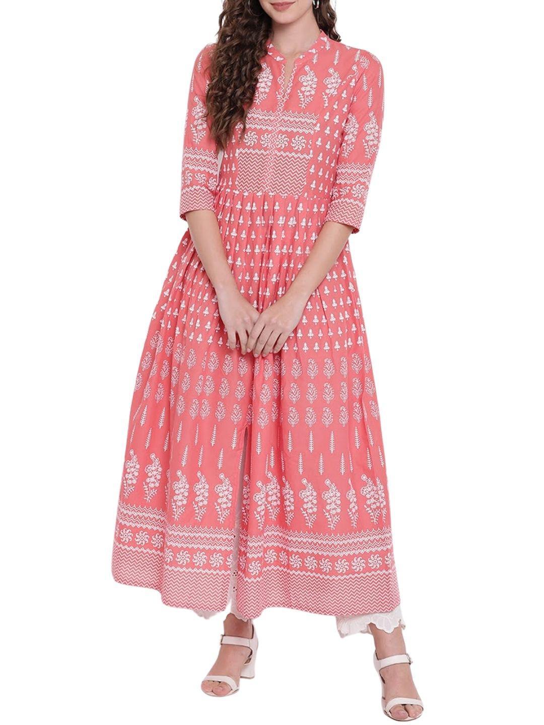 pink-a-line-printed-cotton-dress-10004003PK, Women Indian Ethnic Clothing, Cotton Dress