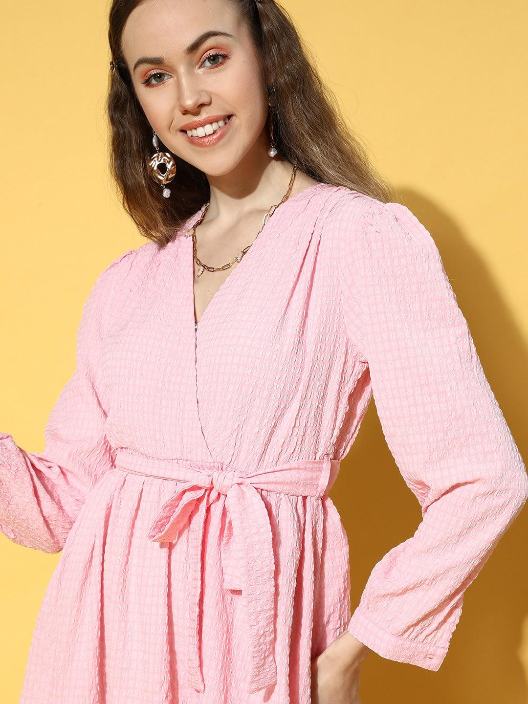 pink-belted-short-dress-10704007PK, Women Clothing, Bubble Crepe Dress