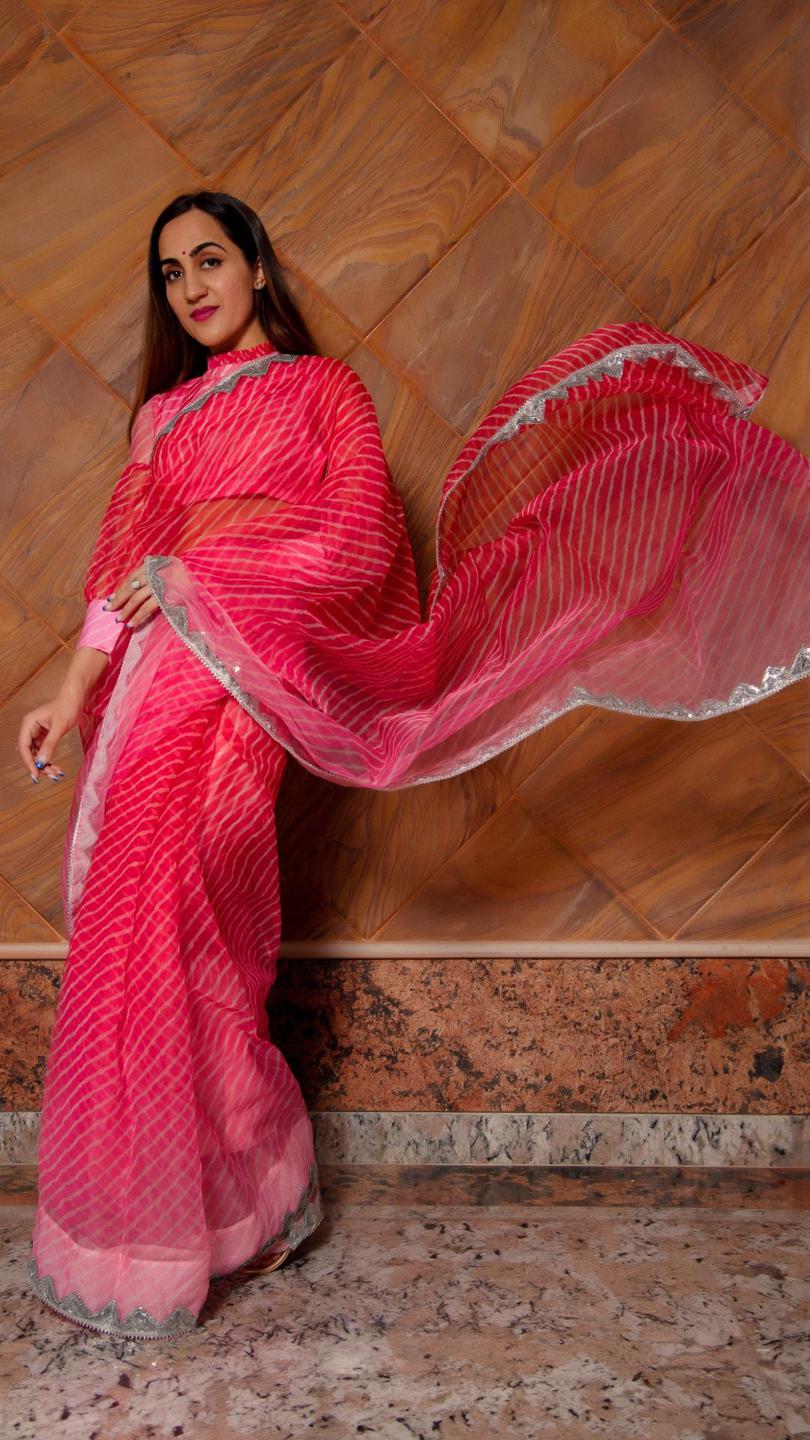 Pink Leheriya Organza Saree online in USA Free Shipping Easy
