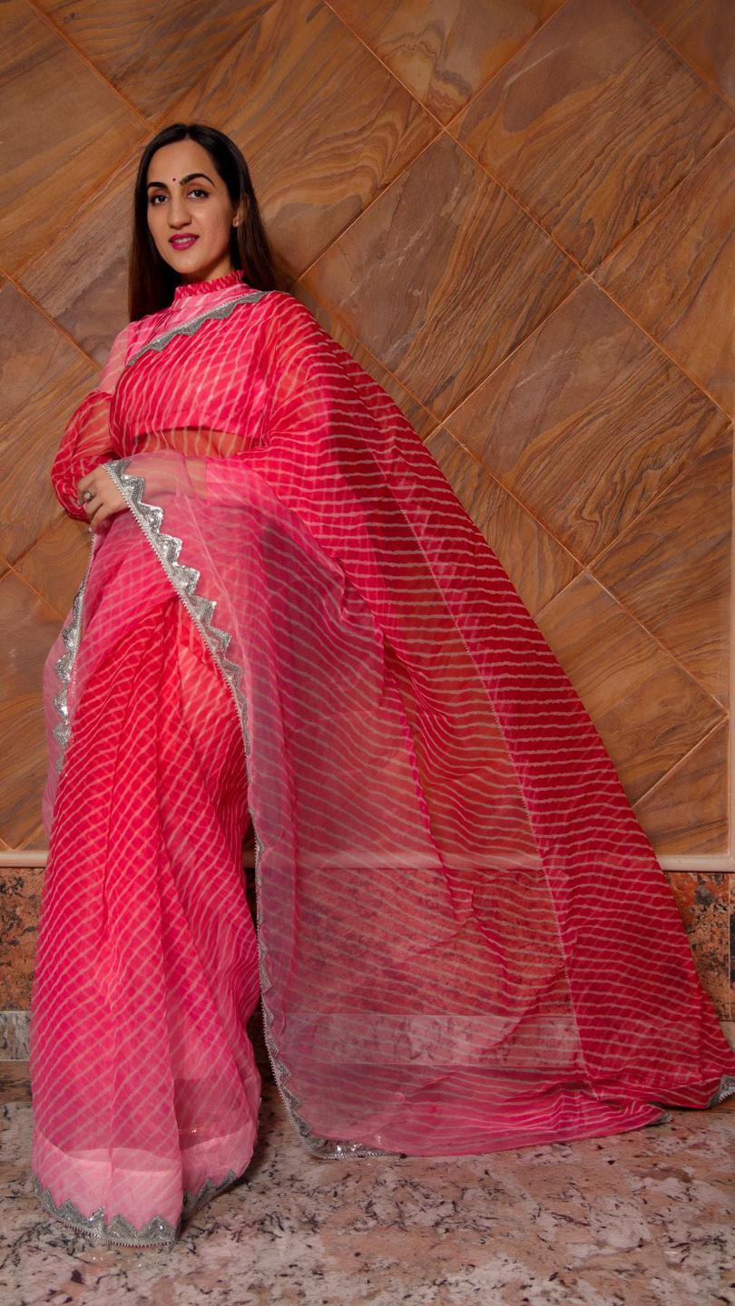 pink-leheriya-organza-saree-11422129PK, Women Indian Ethnic Clothing, Organza Saree