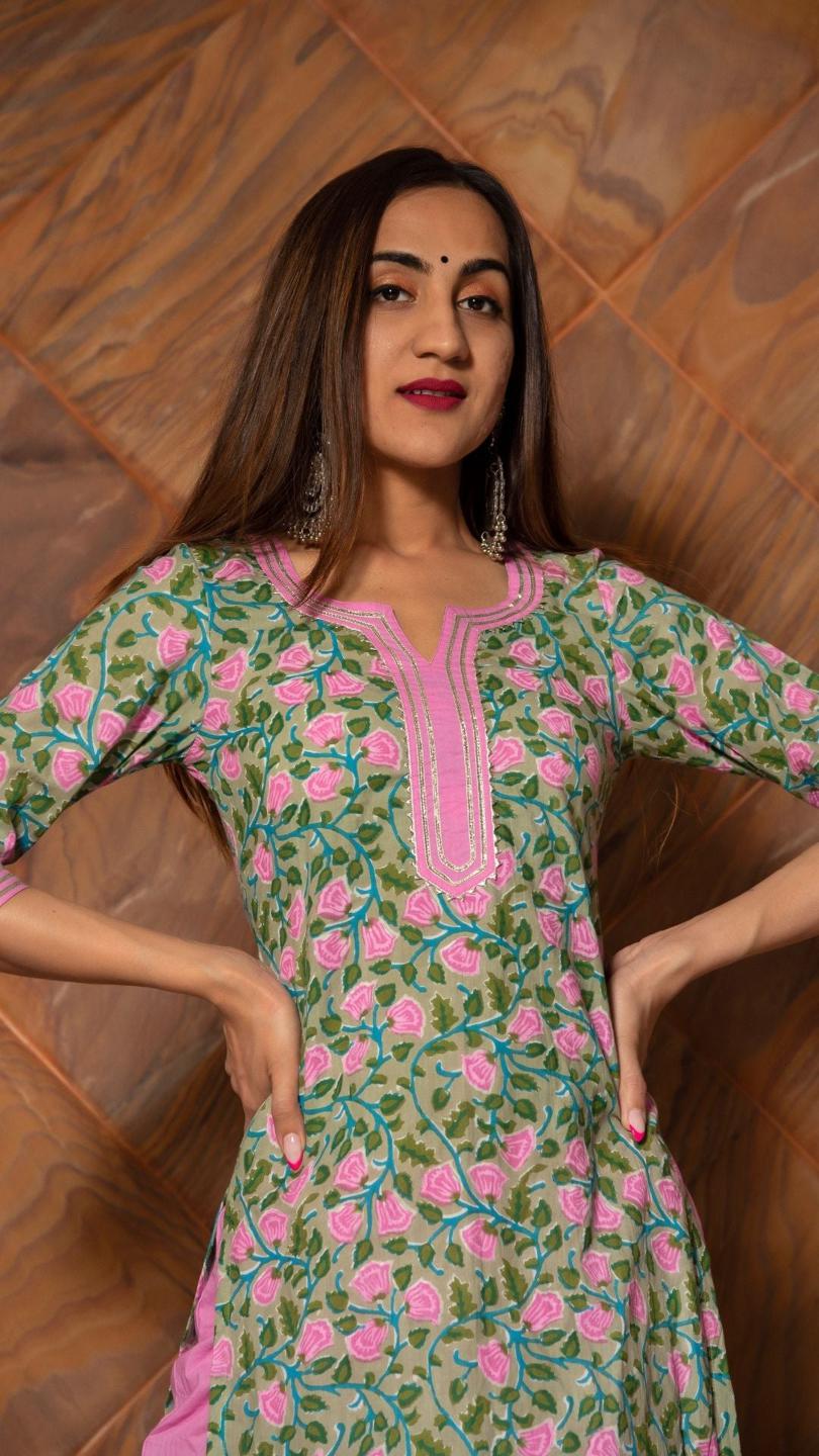pink-phool-hand-block-cotton-kurta-set-11403125PK, Women Indian Ethnic Clothing, Cotton Kurta Set Dupatta
