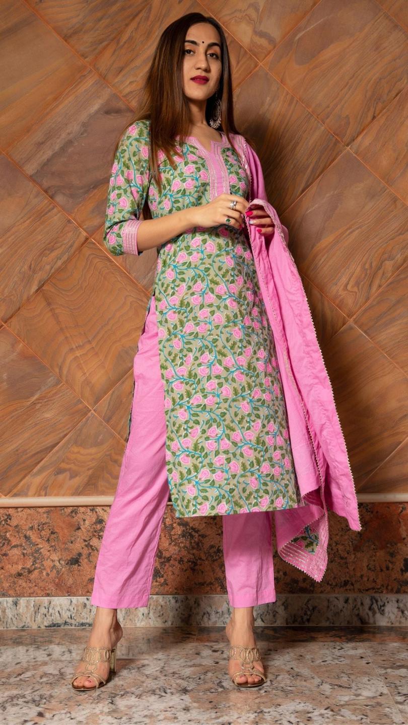 pink-phool-hand-block-cotton-kurta-set-11403125PK, Women Indian Ethnic Clothing, Cotton Kurta Set Dupatta