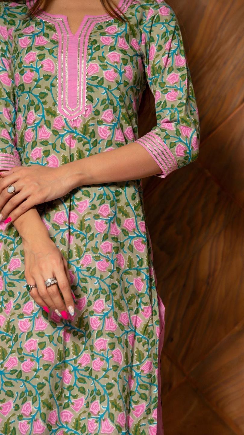 pink-phool-hand-block-cotton-kurta-set-11403125PK, Women Indian Ethnic Clothing, Cotton Kurta Set Dupatta