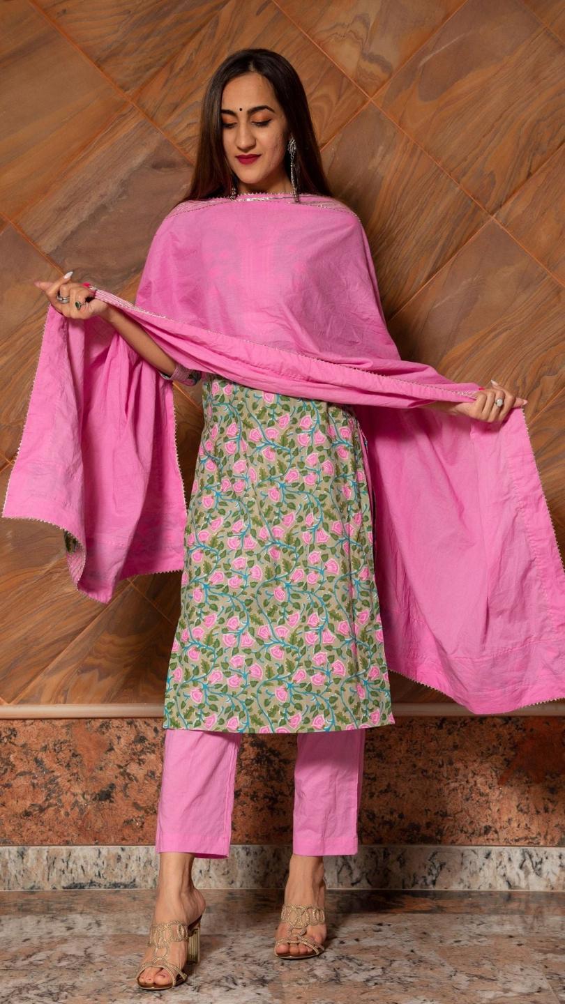 pink-phool-hand-block-cotton-kurta-set-11403125PK, Women Indian Ethnic Clothing, Cotton Kurta Set Dupatta