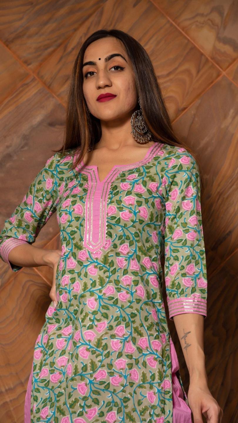 pink-phool-hand-block-cotton-kurta-set-11403125PK, Women Indian Ethnic Clothing, Cotton Kurta Set Dupatta