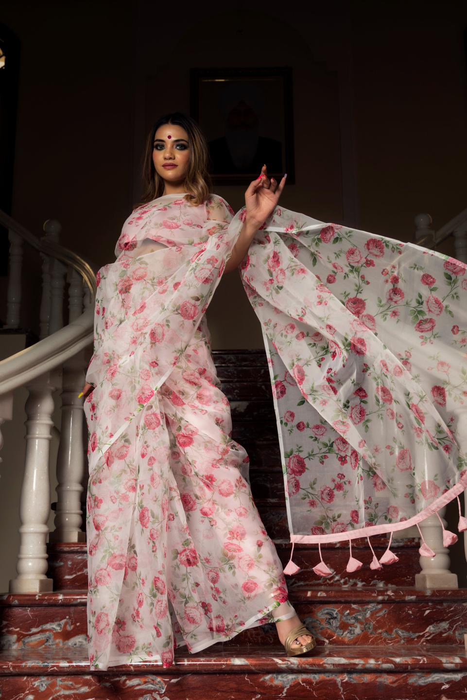 pink-white-organza-saree-11422097WH, Women Indian Ethnic Clothing, Organza Saree