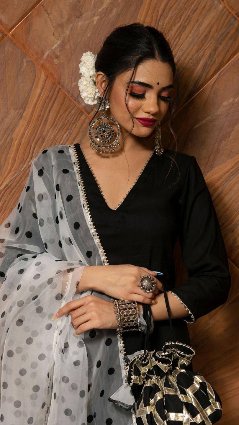 polka-dot-black-suit-set-11403109BK, Women Indian Ethnic Clothing, Rayon Kurta Set Dupatta