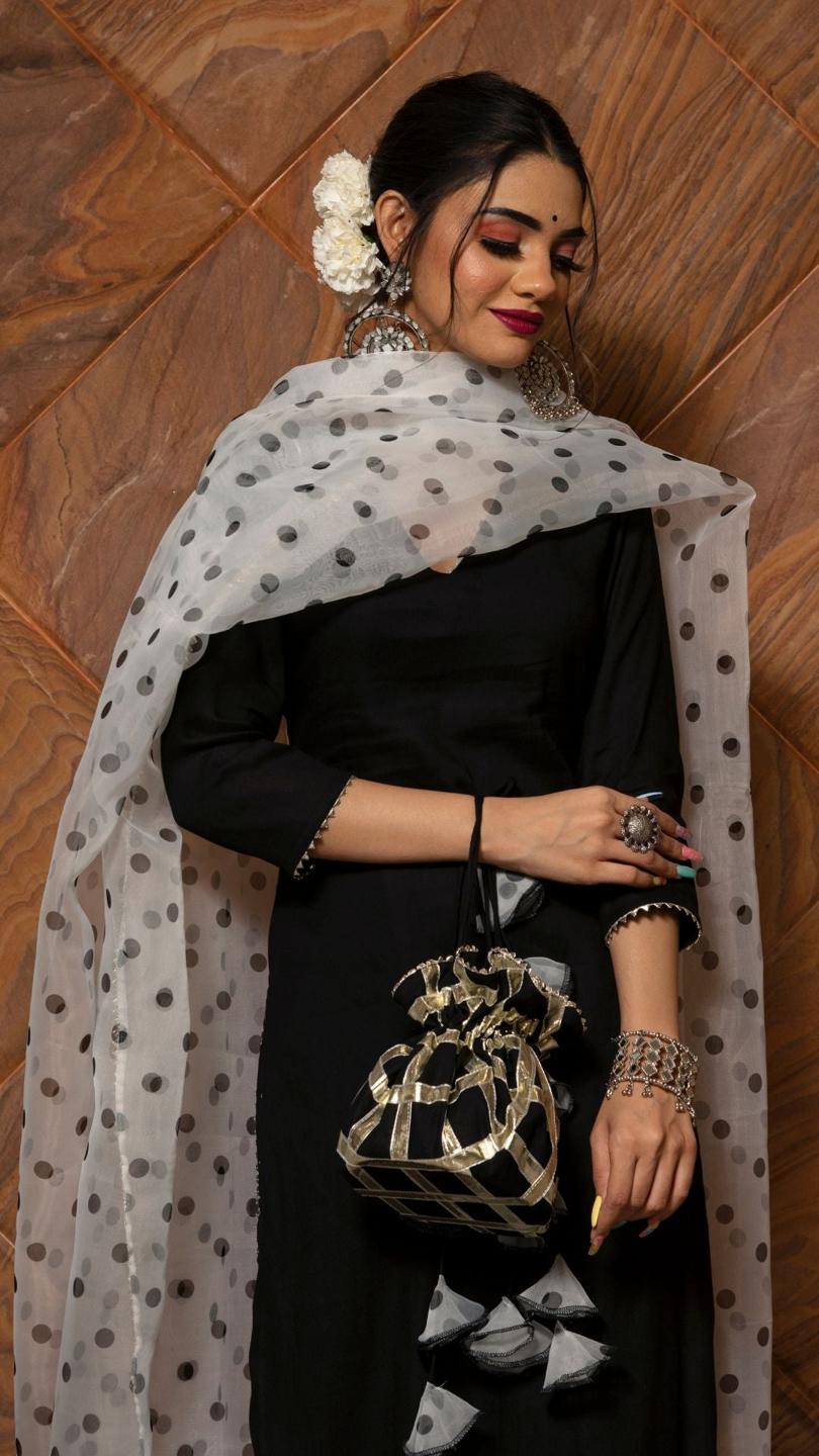 polka-dot-black-suit-set-11403109BK, Women Indian Ethnic Clothing, Rayon Kurta Set Dupatta