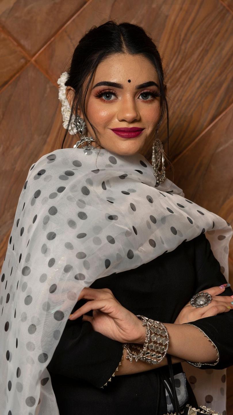 polka-dot-black-suit-set-11403109BK, Women Indian Ethnic Clothing, Rayon Kurta Set Dupatta