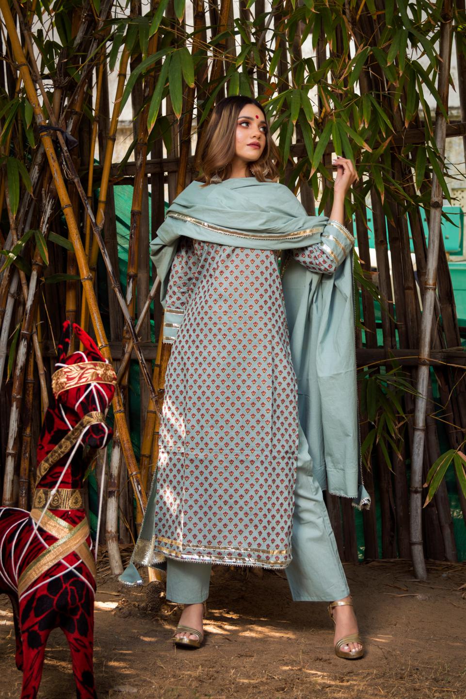 poppy-cotton-hand-block-print-kurta-11403088GY, Women Indian Ethnic Clothing, Cotton Kurta Set Dupatta