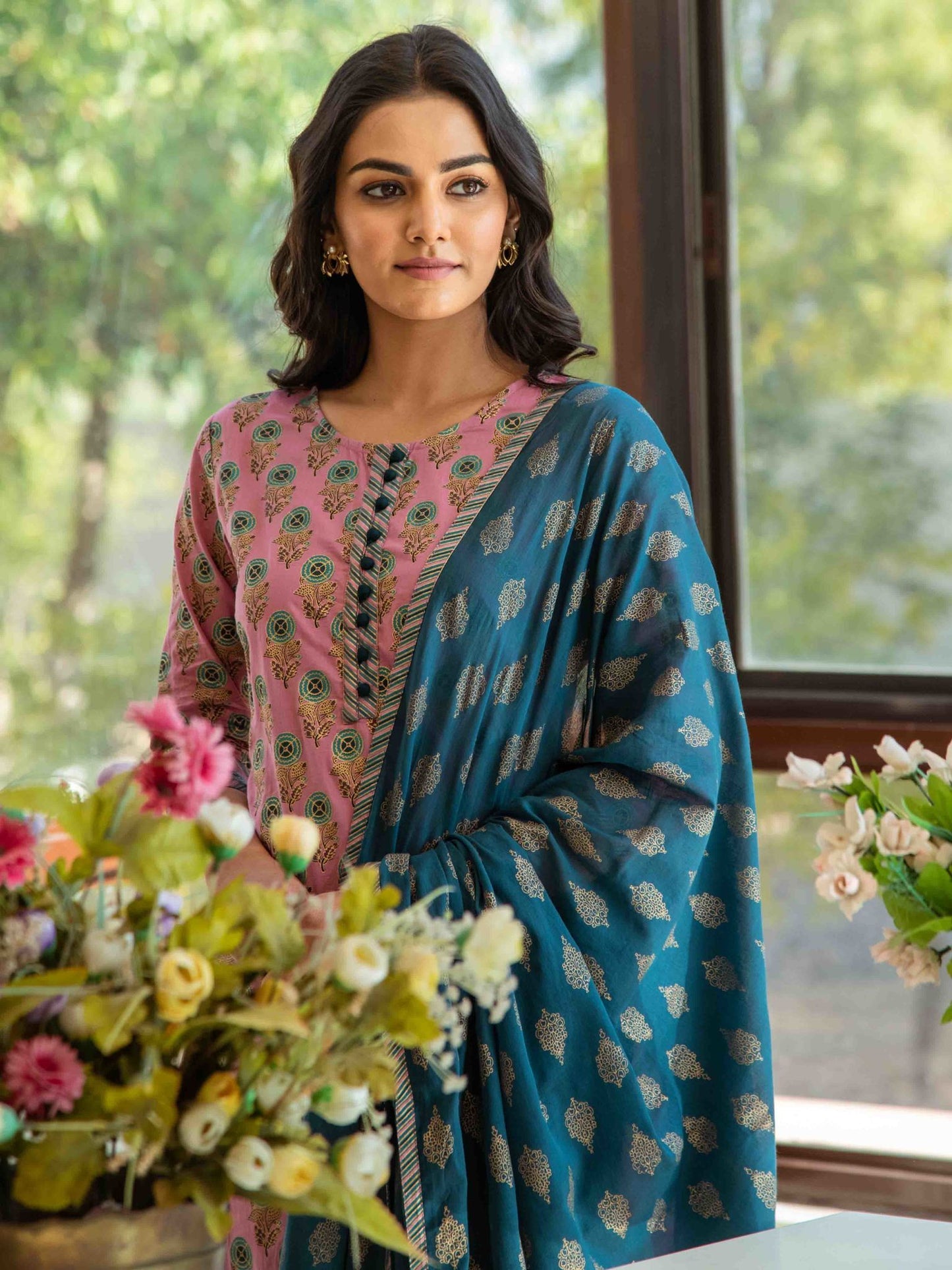 printed-kurta-palazzo-dupatta-set-10103003PK, Women Indian Ethnic Clothing, Cotton Kurta Set Dupatta
