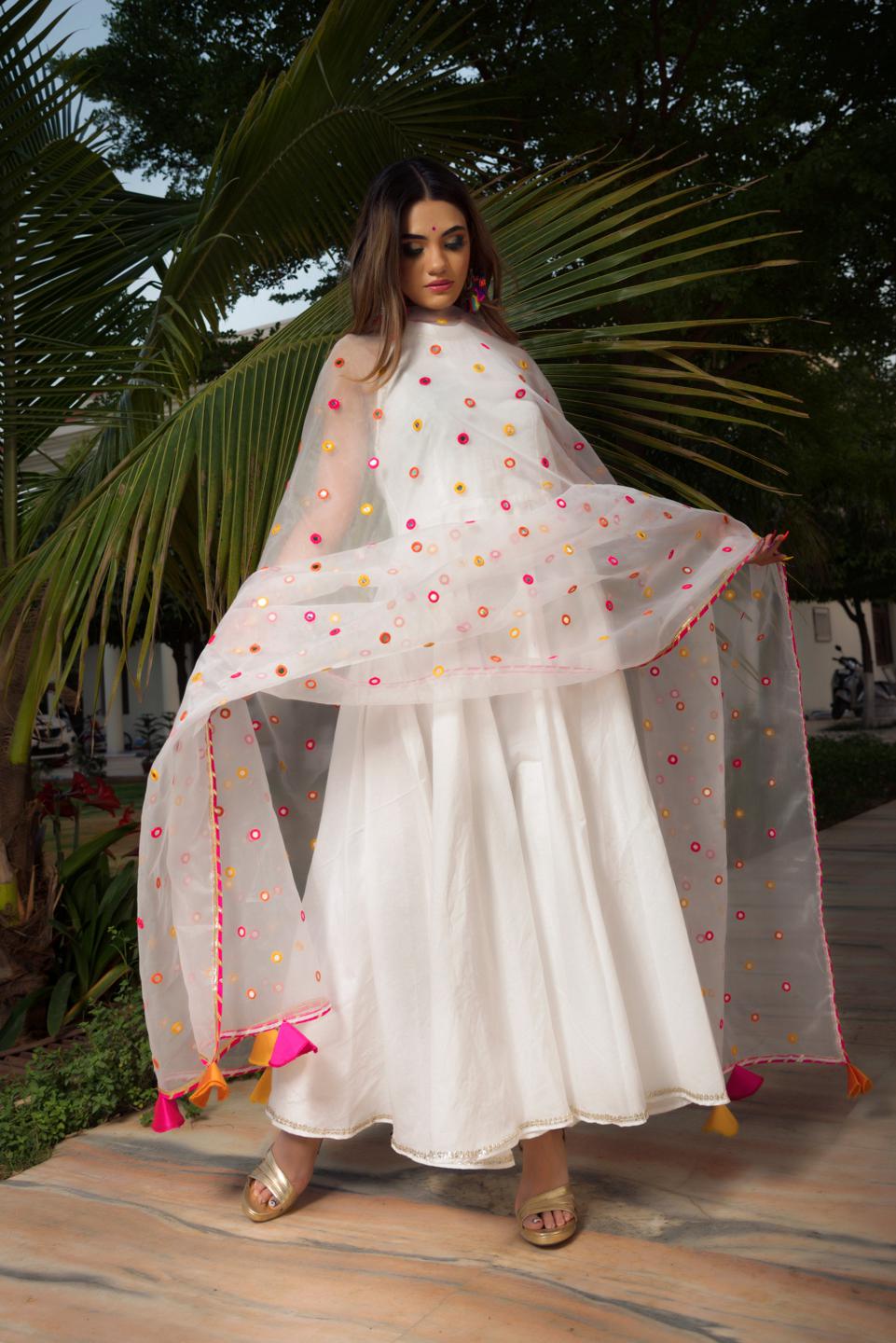 pure-cotton-anarkali-set-with-mirror-work-organza-dupatta-11403090WH, Women Indian Ethnic Clothing, Cotton Kurta Set Dupatta