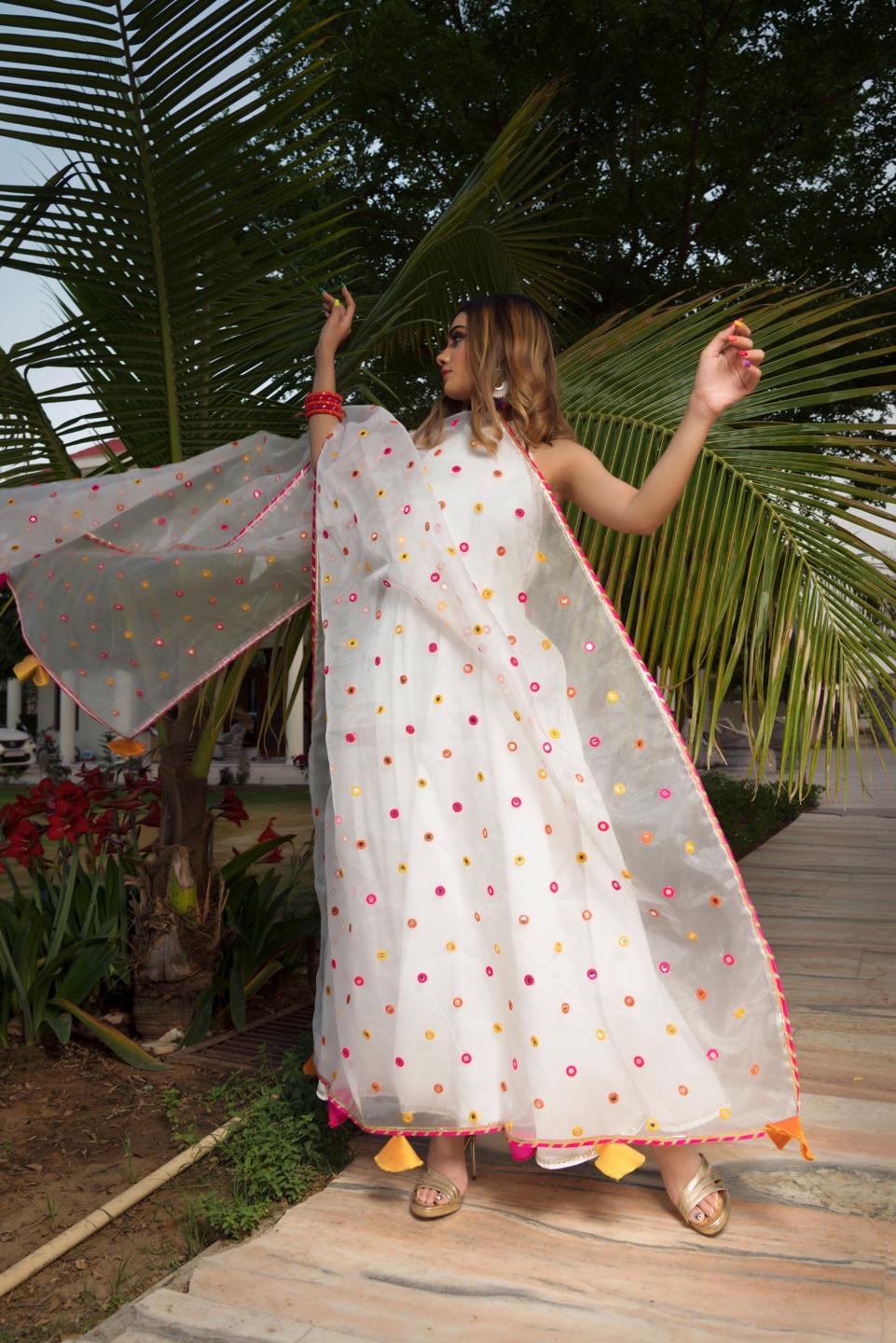 pure-cotton-anarkali-set-with-mirror-work-organza-dupatta-11403090WH, Women Indian Ethnic Clothing, Cotton Kurta Set Dupatta