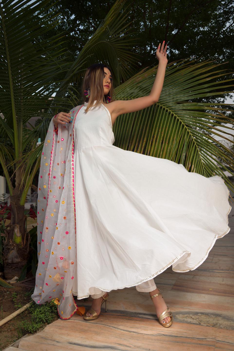 pure-cotton-anarkali-set-with-mirror-work-organza-dupatta-11403090WH, Women Indian Ethnic Clothing, Cotton Kurta Set Dupatta