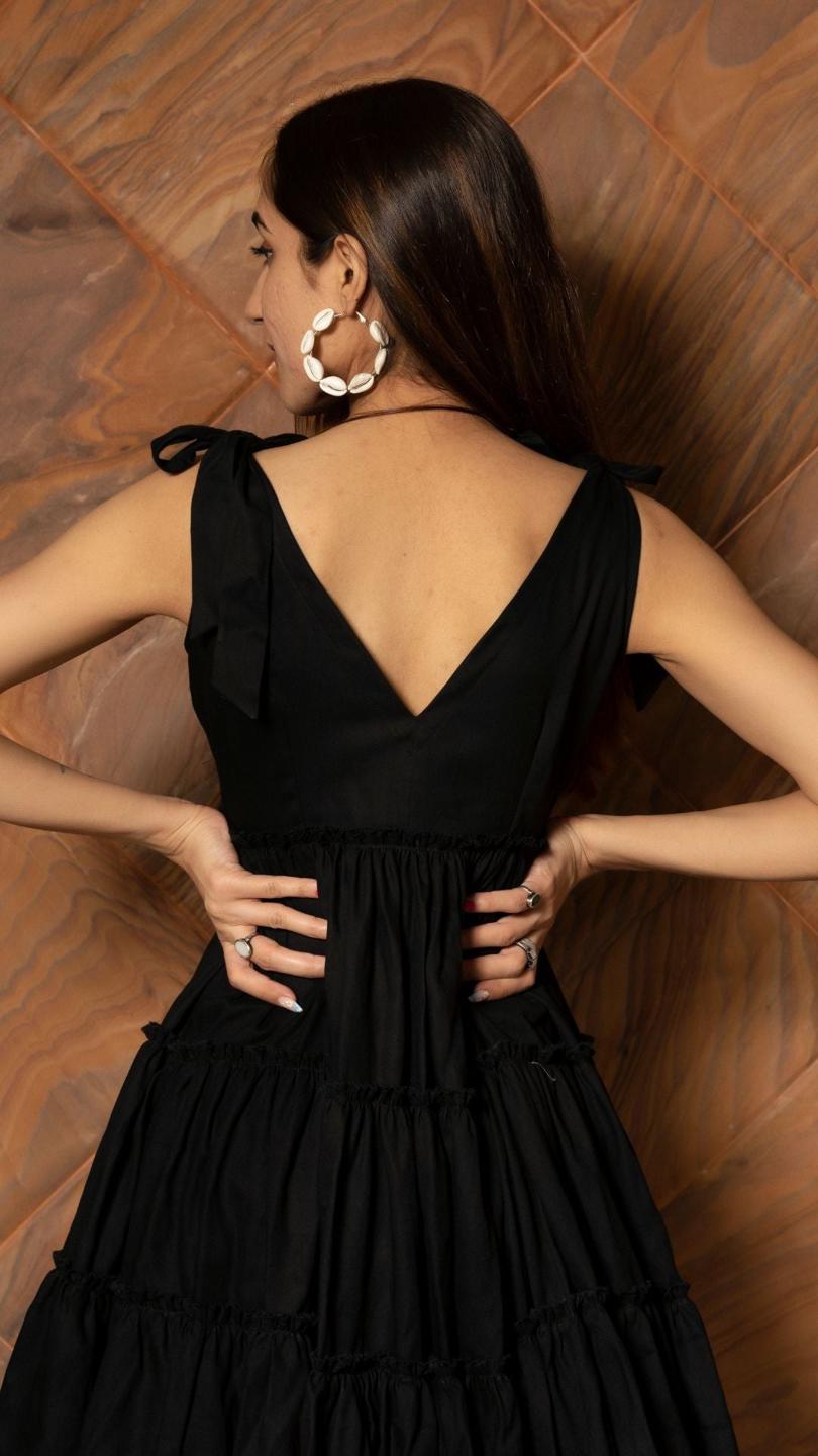 pure-cotton-black-tiered-dress-11404120BK, Women Clothing, Cotton Dress