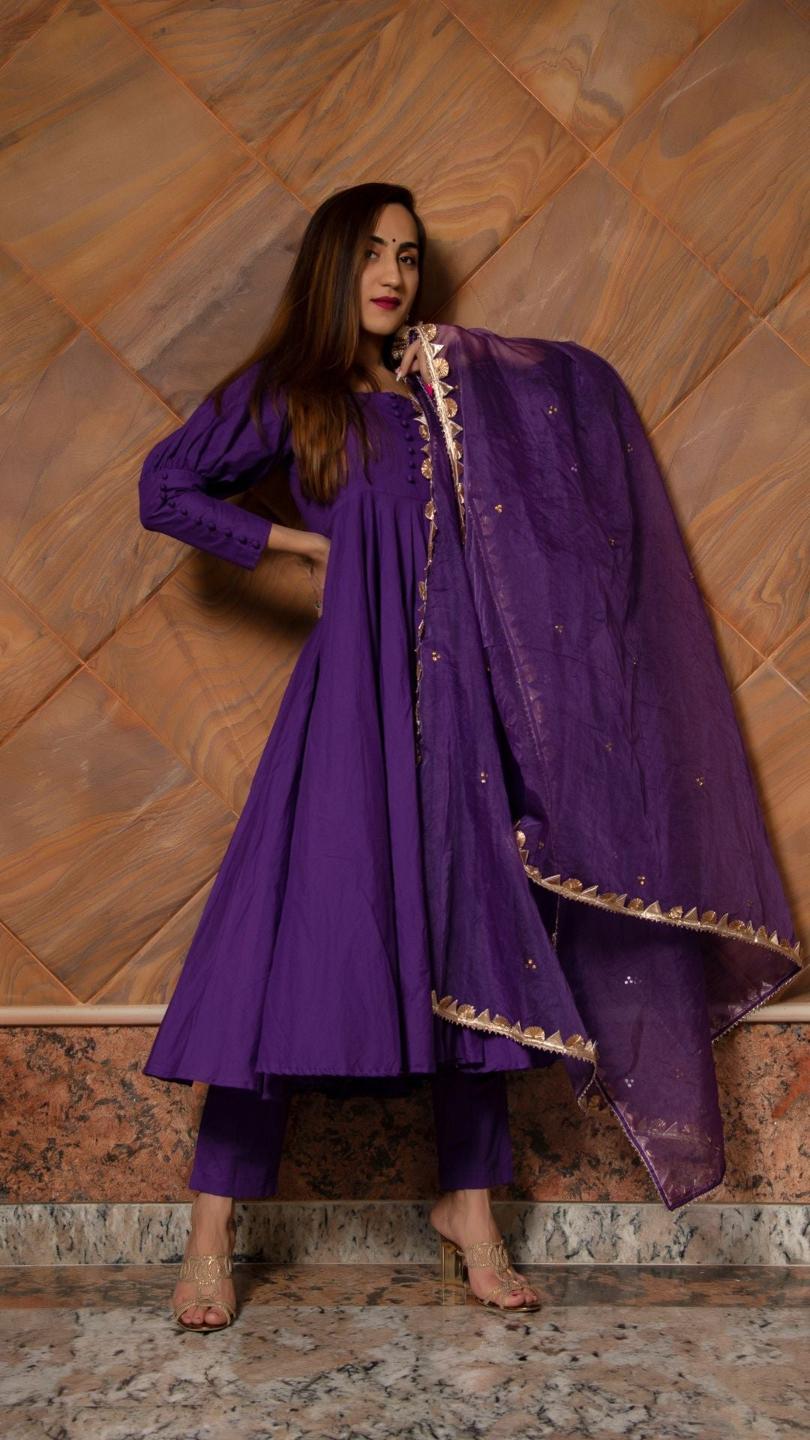 purple-pure-cotton-anarkali-set-11403122PR, Women Indian Ethnic Clothing, Cotton Kurta Set Dupatta