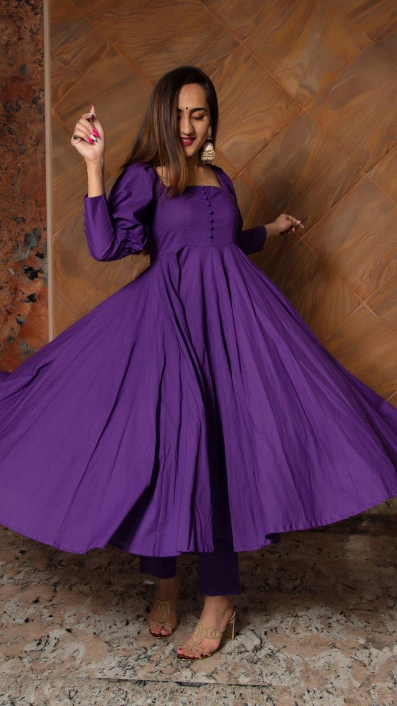purple-pure-cotton-anarkali-set-11403122PR, Women Indian Ethnic Clothing, Cotton Kurta Set Dupatta
