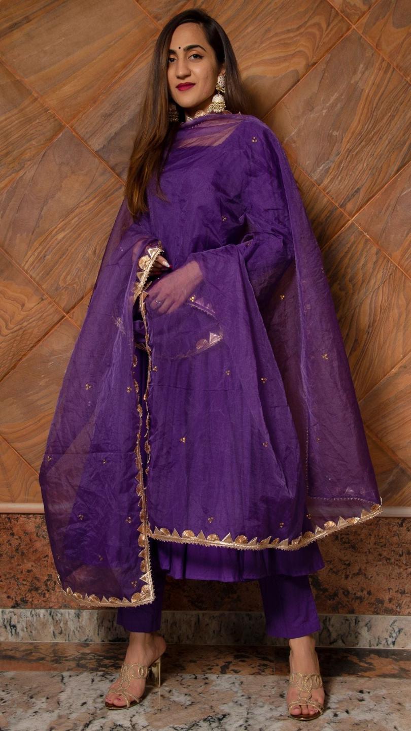 purple-pure-cotton-anarkali-set-11403122PR, Women Indian Ethnic Clothing, Cotton Kurta Set Dupatta