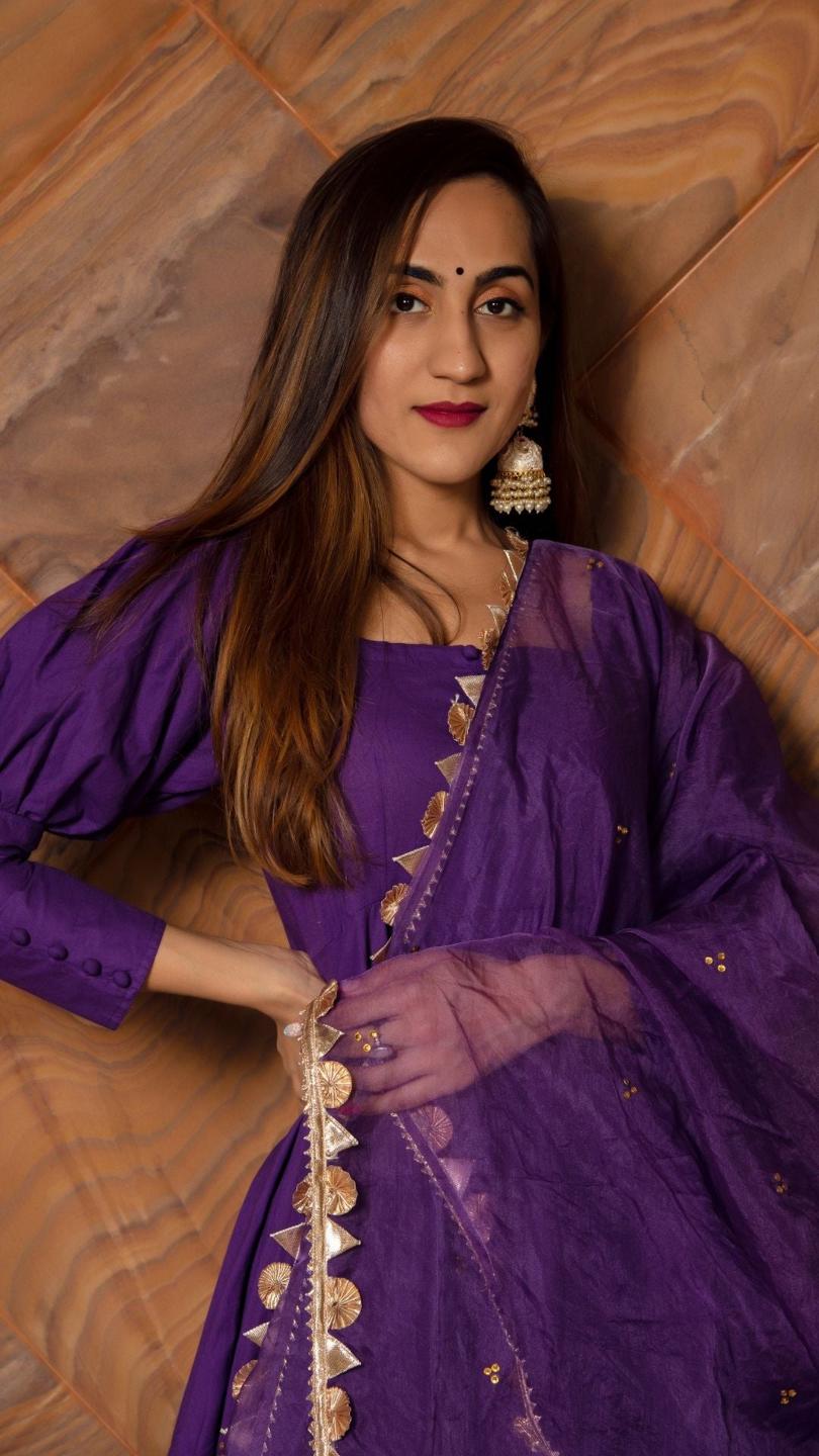 purple-pure-cotton-anarkali-set-11403122PR, Women Indian Ethnic Clothing, Cotton Kurta Set Dupatta