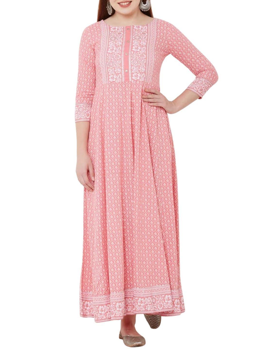 quatrefoil-floral-printed-maxi-10304005PK, Women Clothing, Cotton Dress