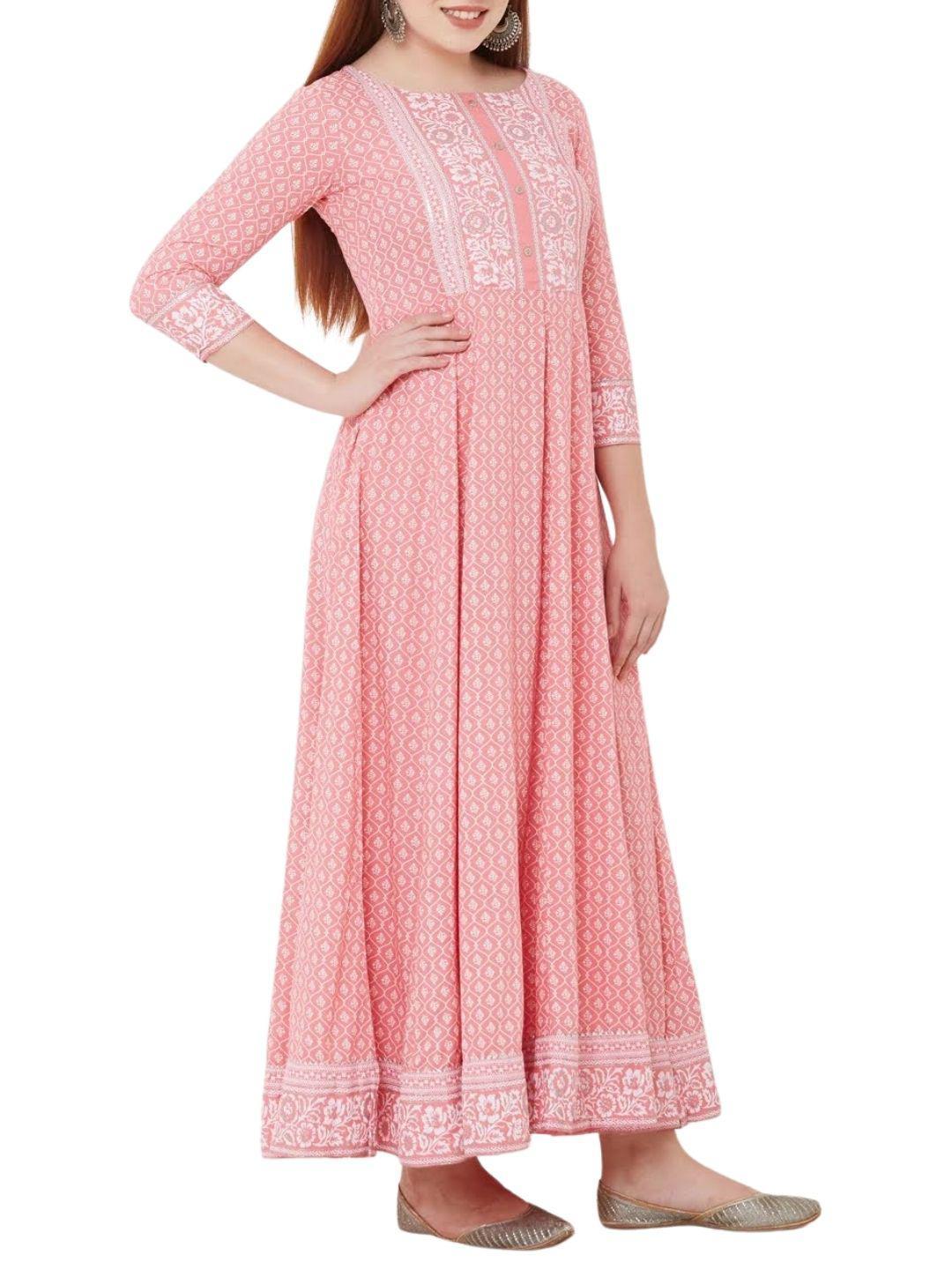quatrefoil-floral-printed-maxi-10304005PK, Women Clothing, Cotton Dress