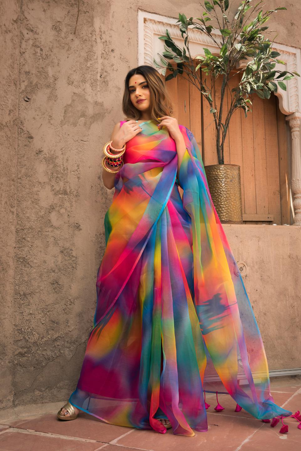 rainbow-organza-printed-saree-11422089ML, Women Indian Ethnic Clothing, Organza Saree