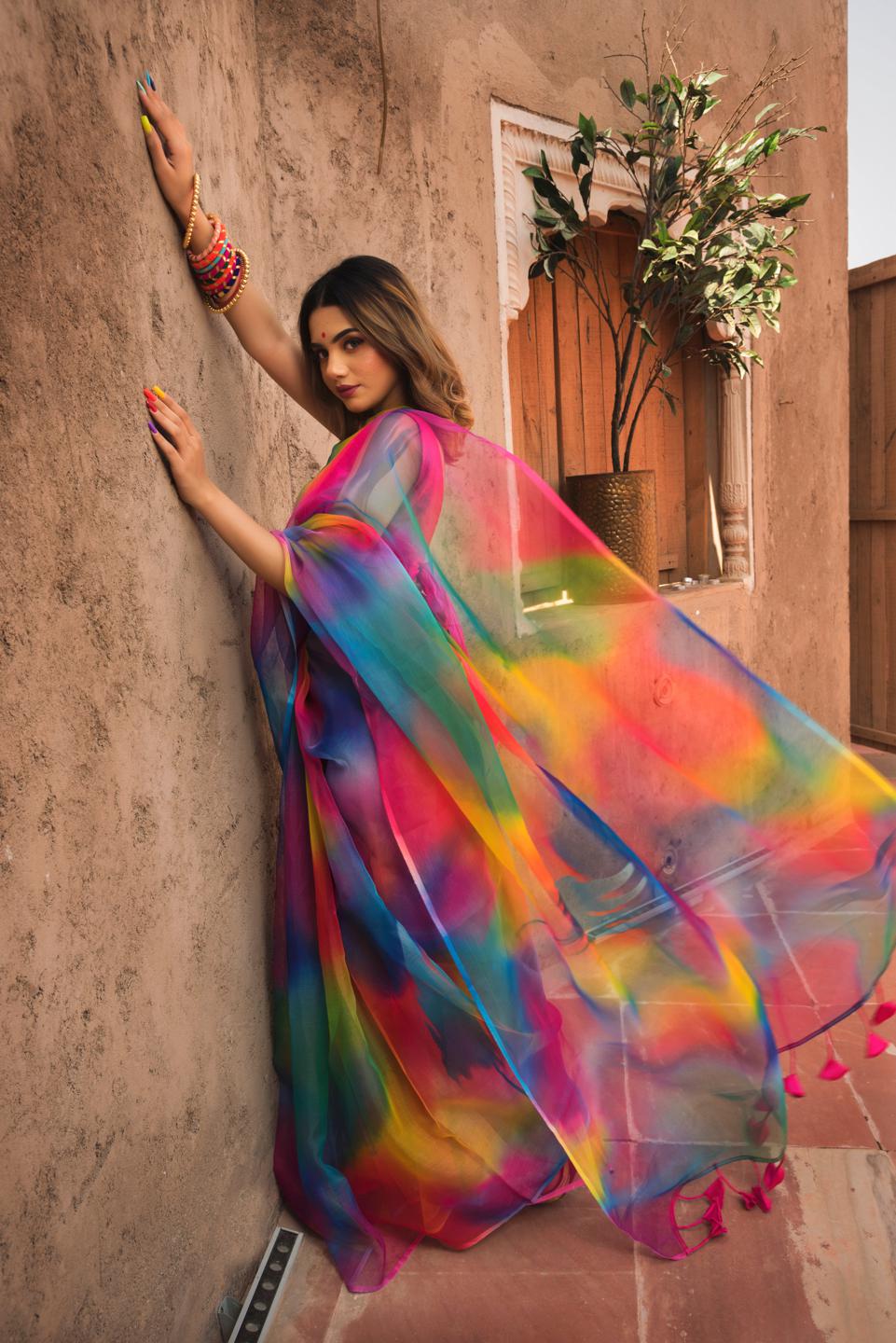 rainbow-organza-printed-saree-11422089ML, Women Indian Ethnic Clothing, Organza Saree