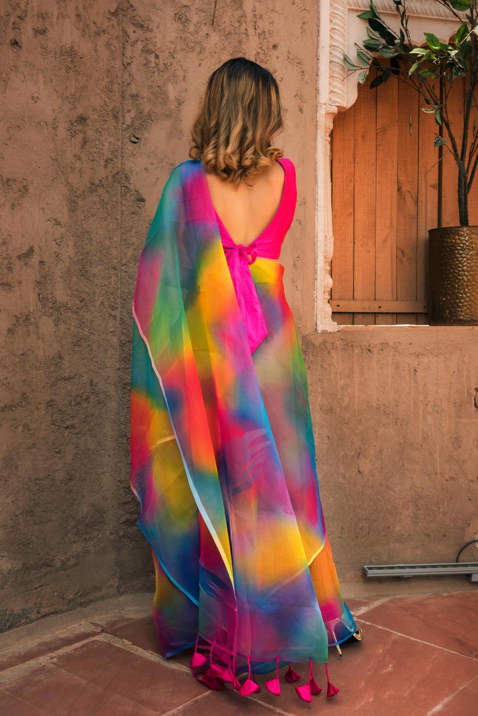 rainbow-organza-printed-saree-11422089ML, Women Indian Ethnic Clothing, Organza Saree