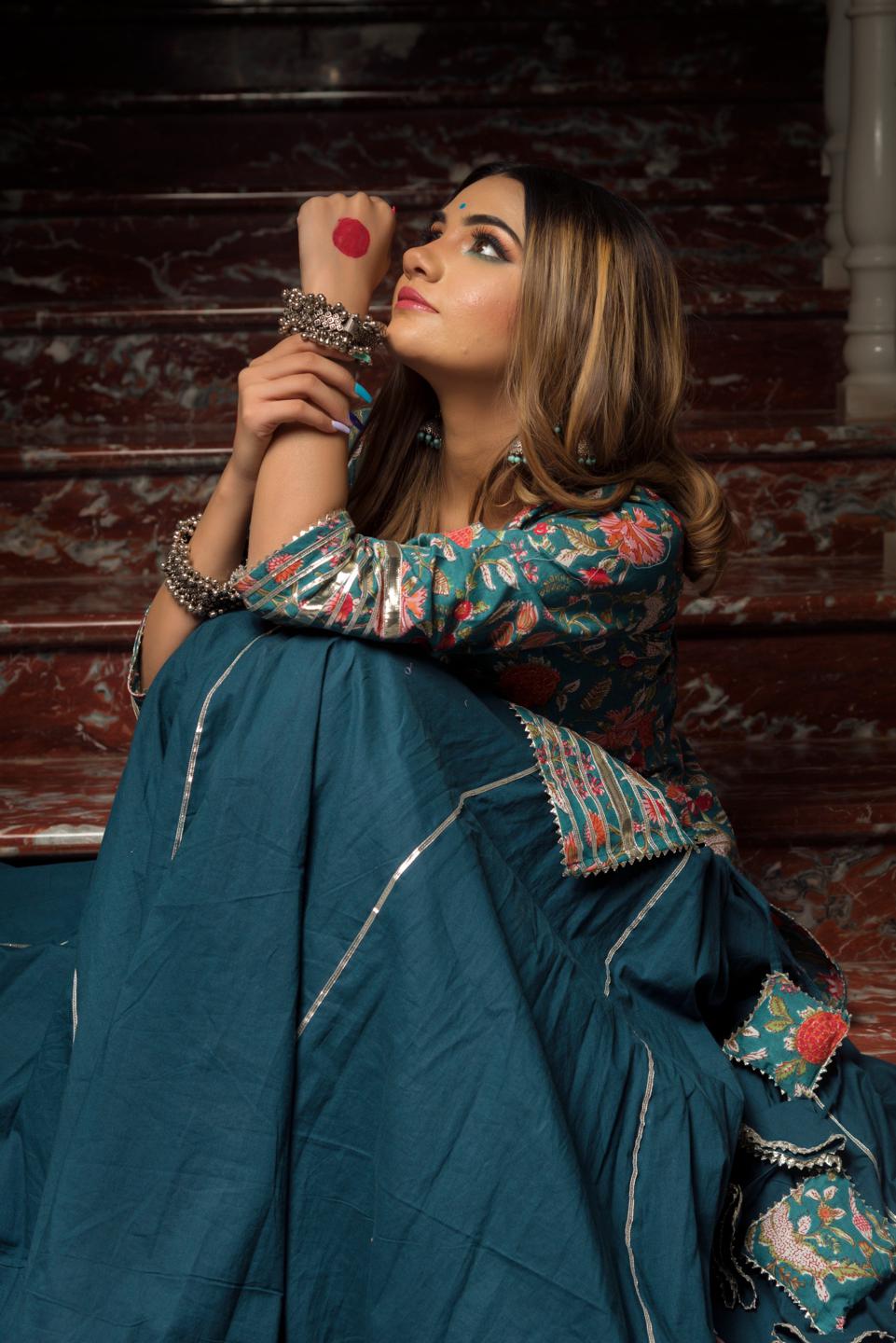 rangkari-tulsi-pure-cotton-hand-block-kurta-skirt-set-11403084GR, Women Indian Ethnic Clothing, Cotton Kurta Set Dupatta