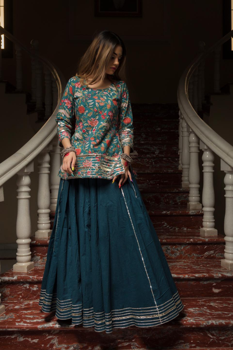 rangkari-tulsi-pure-cotton-hand-block-kurta-skirt-set-11403084GR, Women Indian Ethnic Clothing, Cotton Kurta Set Dupatta